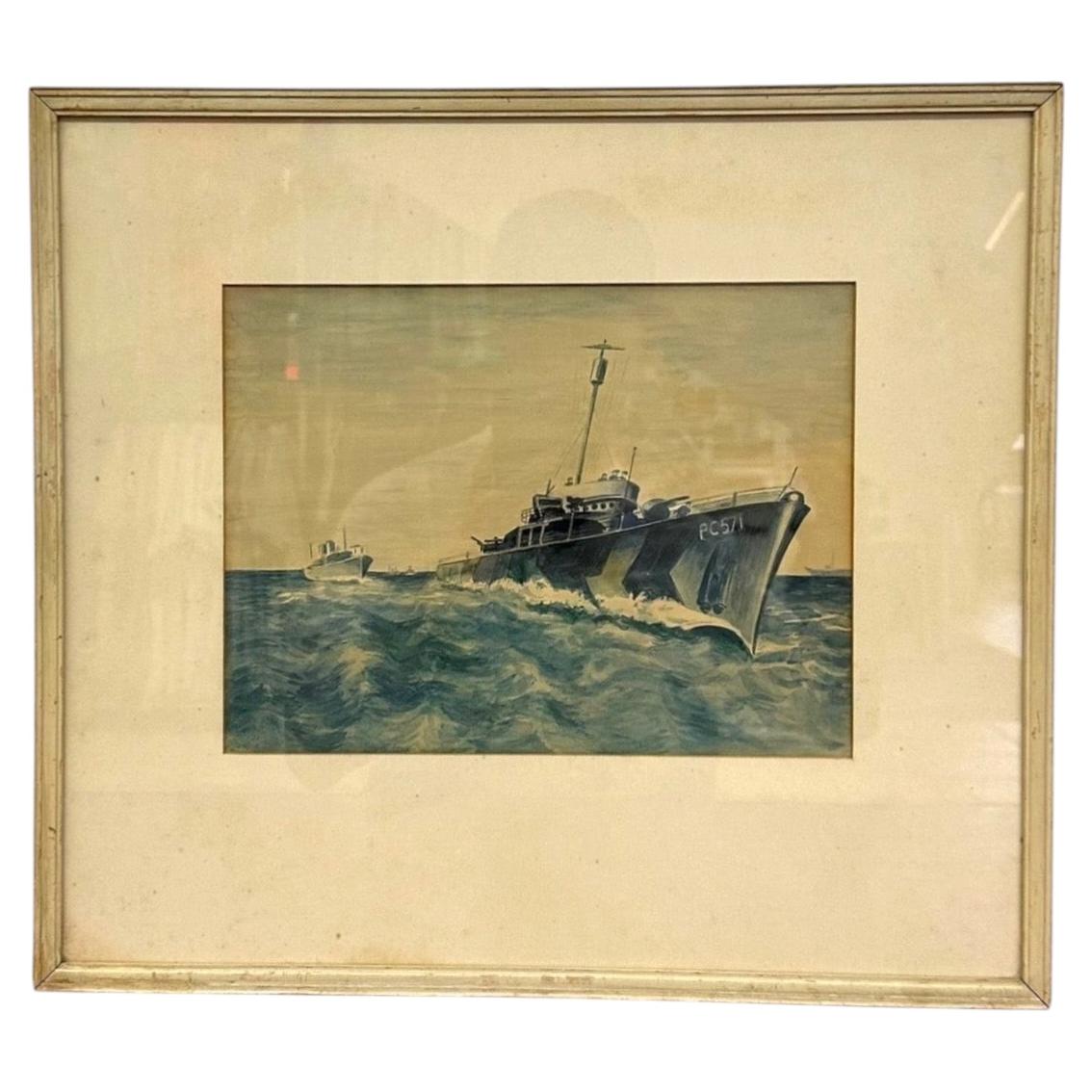 Original WWII US Navy PC-571 Submarine Chaser Gouache Painting – Vintage Art