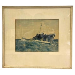 Dipinto a guazzo originale della Seconda Guerra Mondiale raffigurante un cacciatorpediniere PC-571 della Marina Militare degli Stati Uniti – Arte vintage