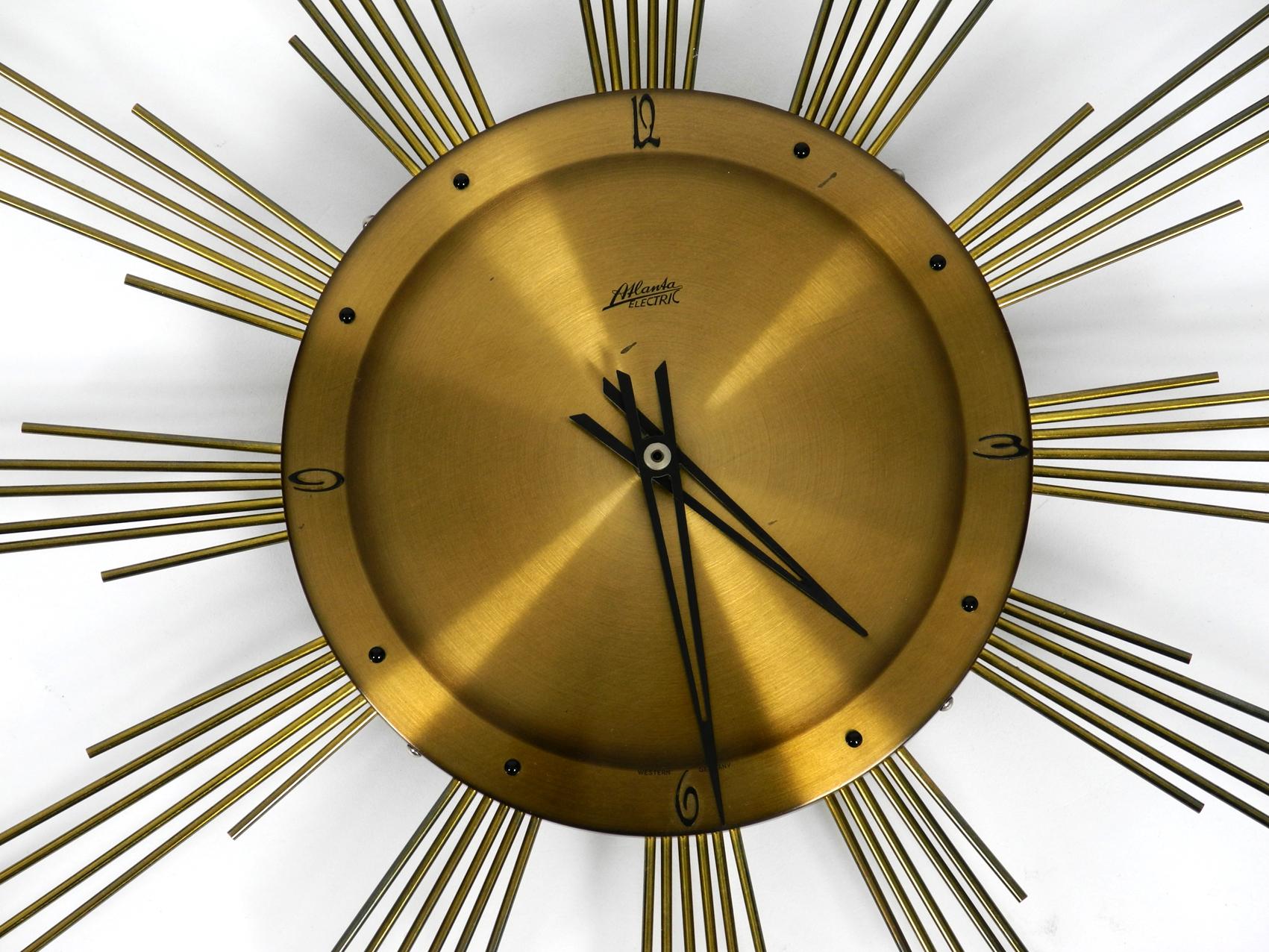 Mid-Century Modern Exyta Large Midcentury Sunburst Atlanta Heavy Brass Wall Clock Battery Operated