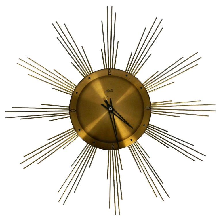 Exyta Large Midcentury Sunburst Atlanta Heavy Brass Wall Clock Battery