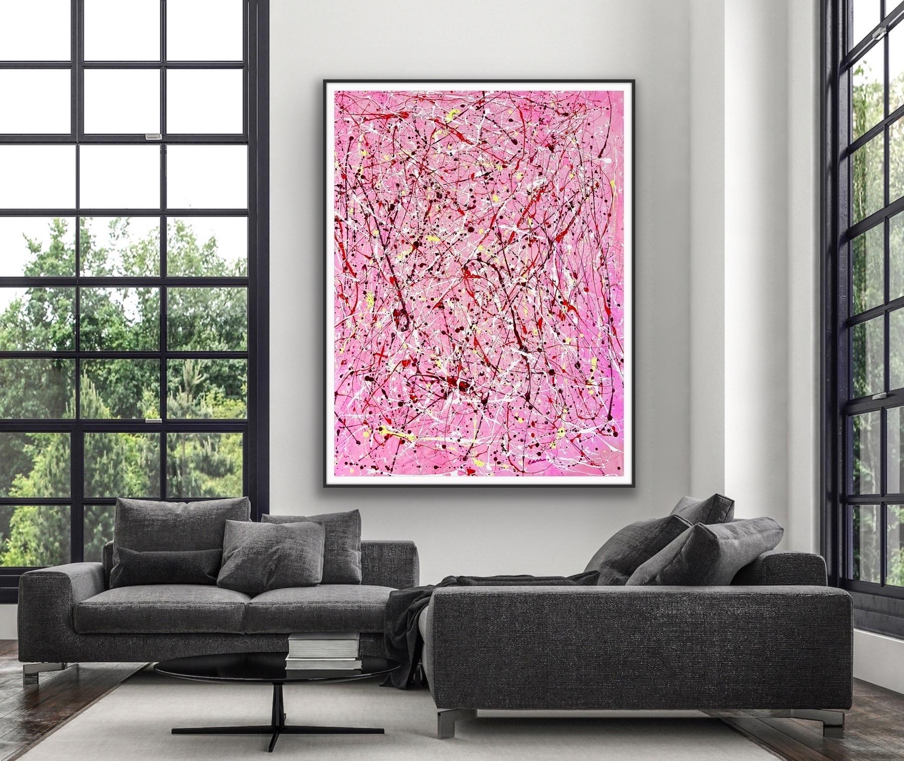 A very large gestural abstract painting utilizing acrylic enamel paint that has been thrown and dripped onto canvas. By noted US artist Arlene Carr and signed on lower right. Canvas has been mounted on board under plexiglass and framed. This is a