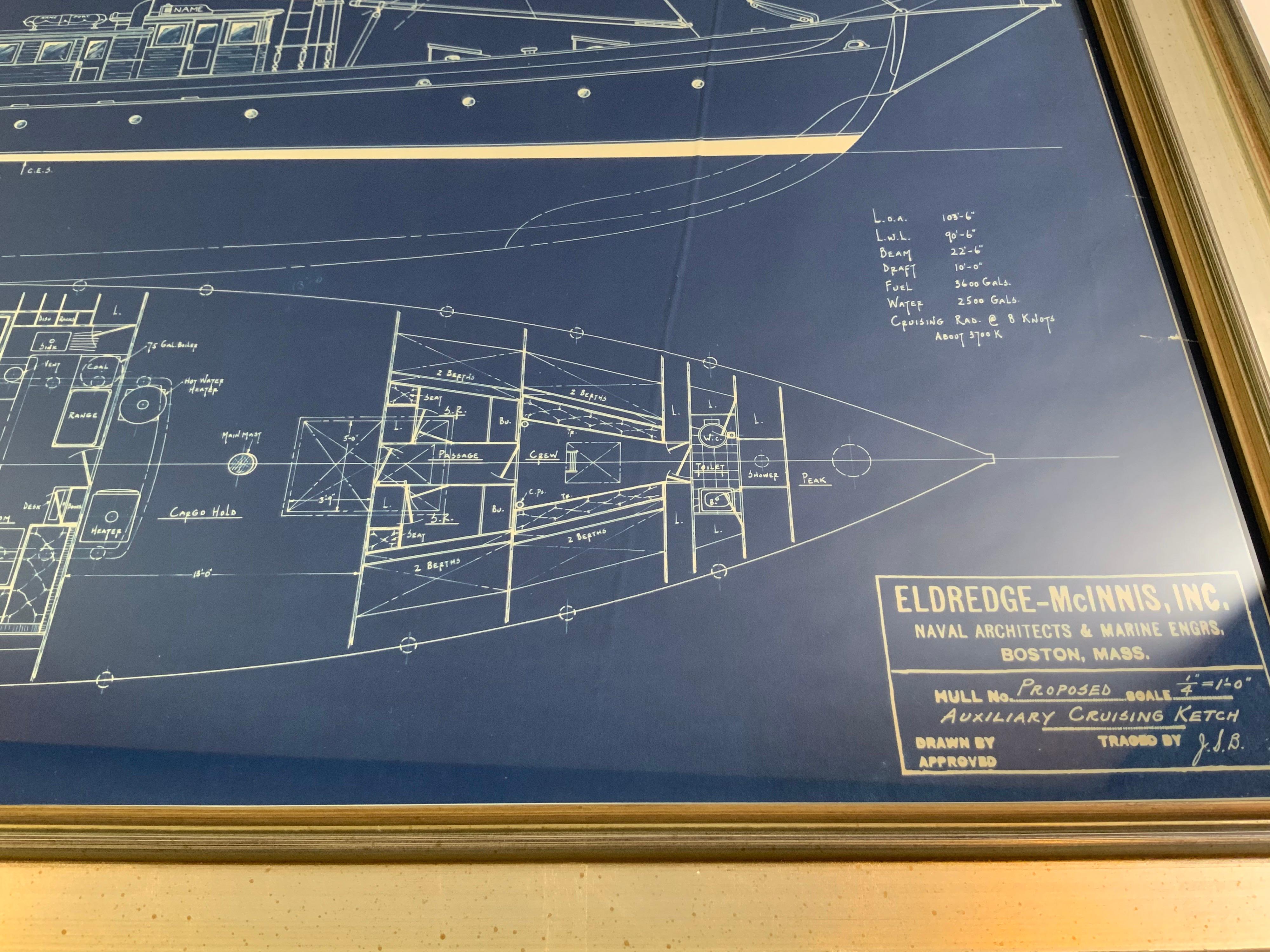 Auxiliary cruising ketch blueprint by Eldredge McInnis Naval Architects and Marine Engineers of Boston. The plan shows a profile view of the entire vessel with two masts, cabins, companionways, rigging details, bow pulpit, anchor davit, etc. The