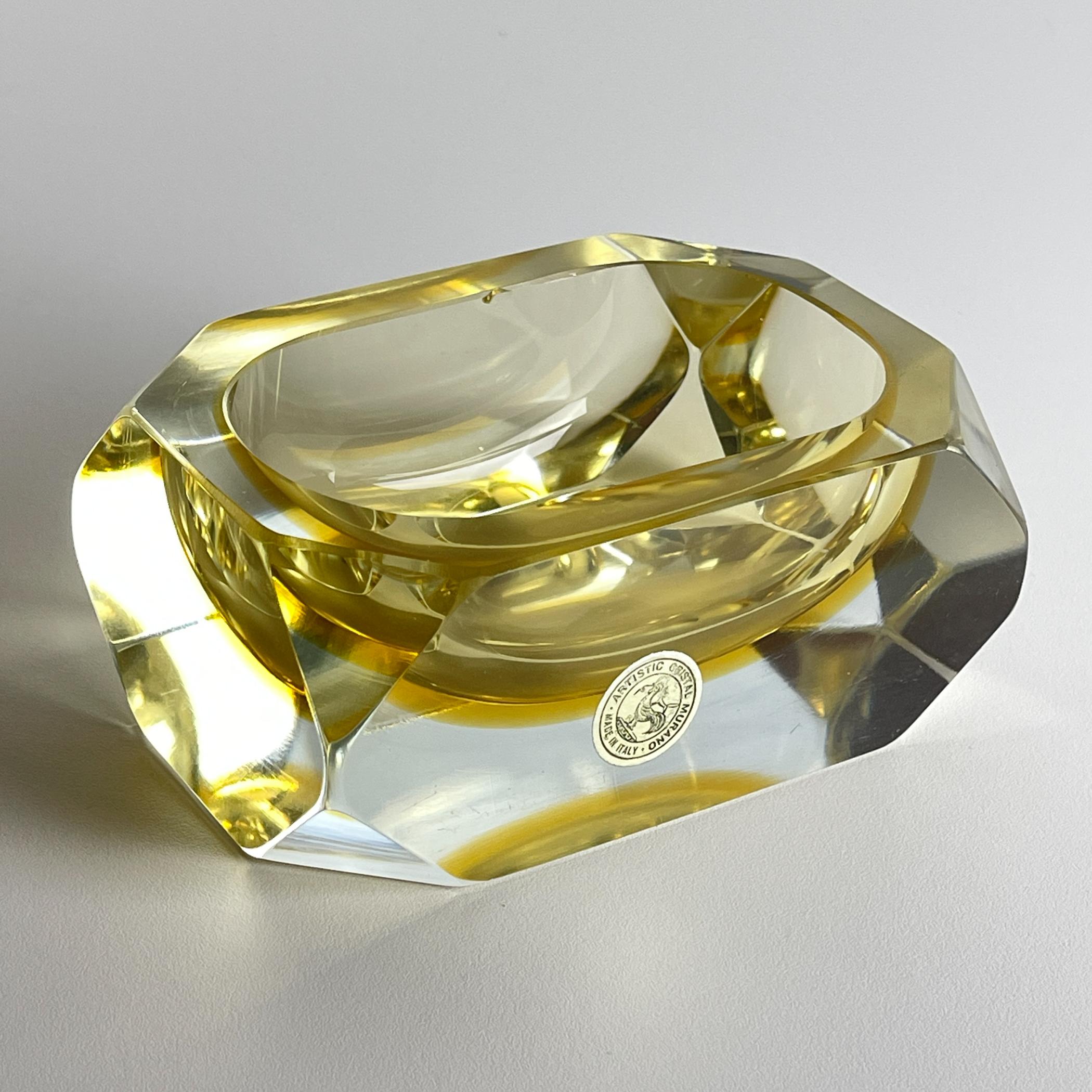 Mid-Century Modern Original yellow murano glass ashtray by Bucella Cristalli Murano, Italy, 1970s For Sale