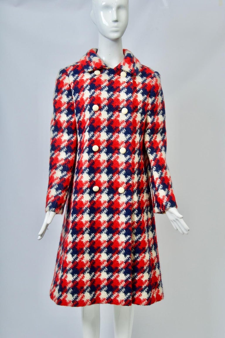 1960s Red Blue Plaid Tweed Coat | XS/S