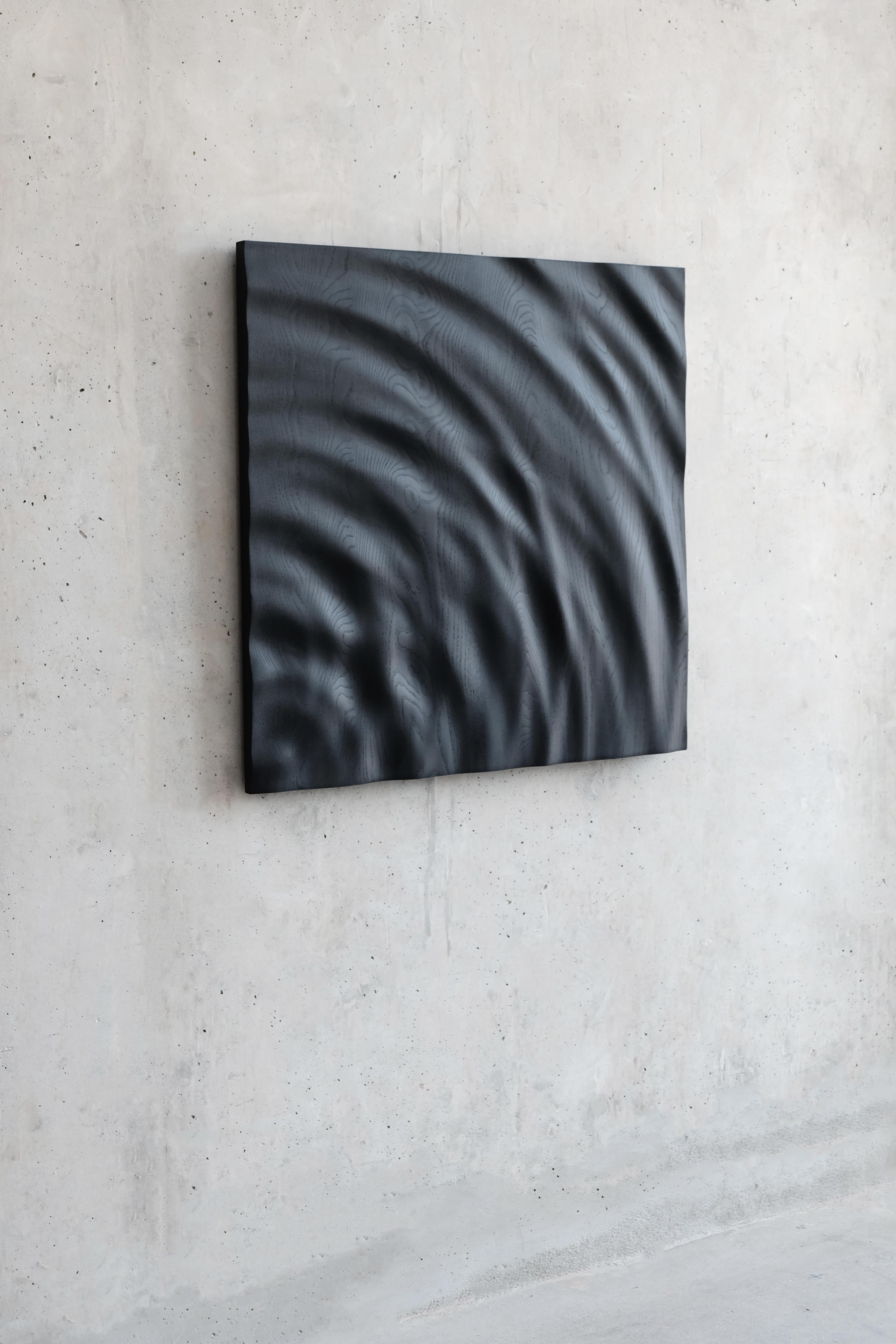 Unseen and unknown by each other, distant forces impact upon the same surface. Each affect ripples outwards, simultaneously amplifying and erasing the other.

Suspended animation.

- 

Solid hardwood carving, wall mounted. Designed and made in