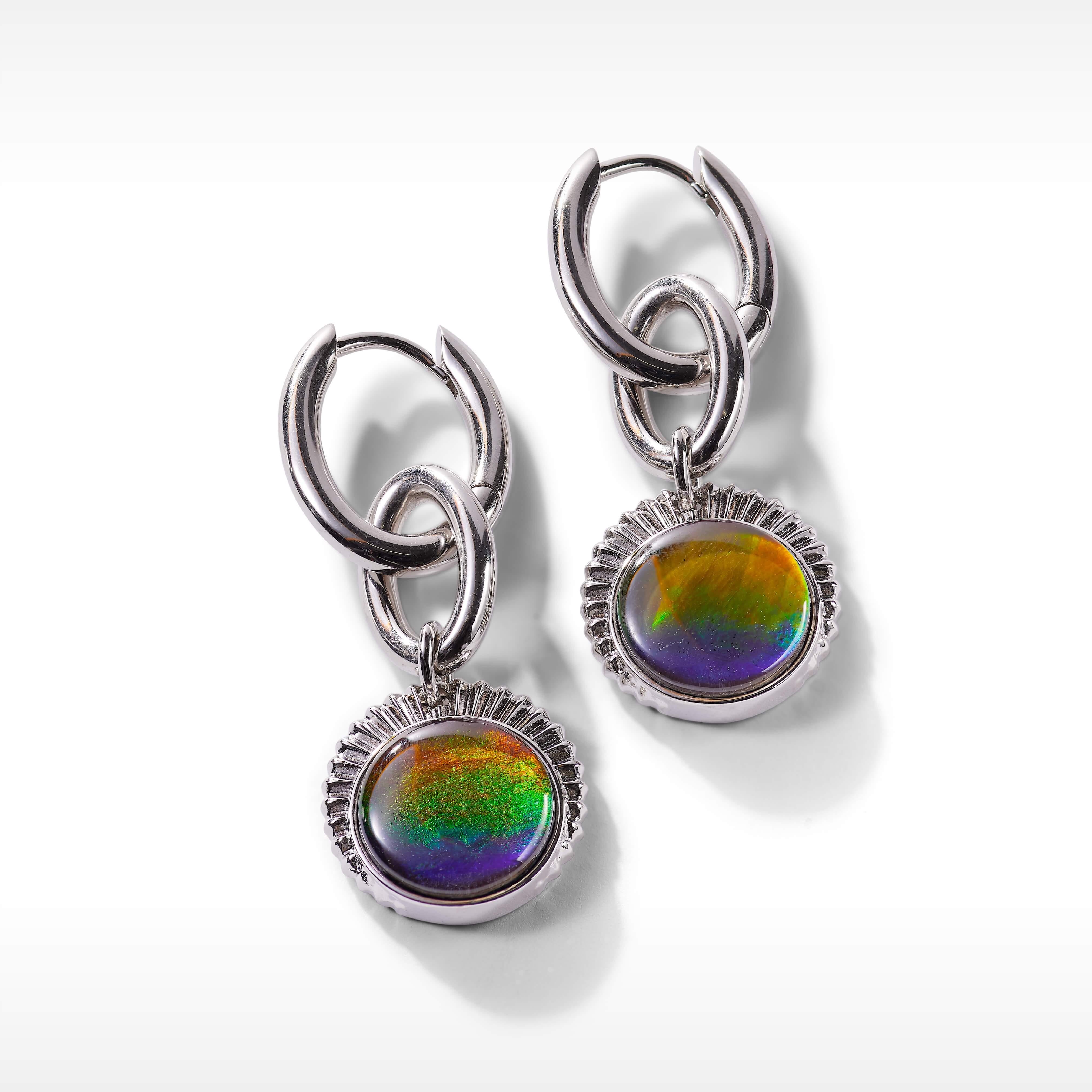 Product Details:

The Origins collection features bold Ammolite showpieces highlighting organic textures inspired by our ammonite roots.

A grade Ammolite
12mm round Ammolite chain link earrings
925 Sterling Silver
Charm dimensions: 16.3mm x