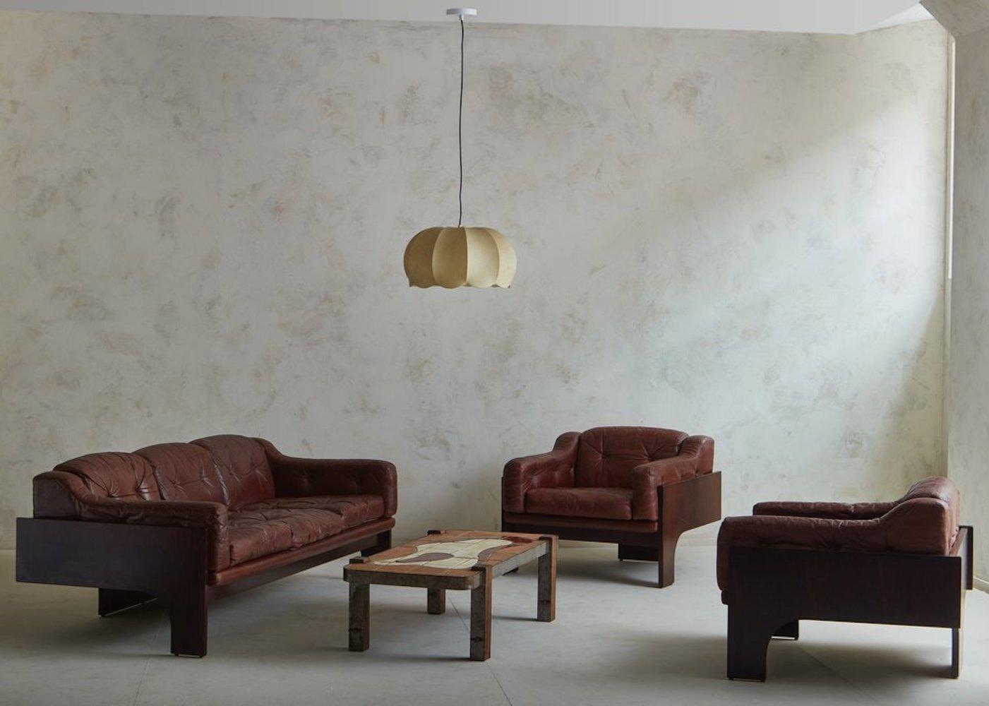 Mid-Century Modern ‘Oriolo’ Leather + Rosewood Sofa by Claudio Salocchi for Sormani, Italy 1960s