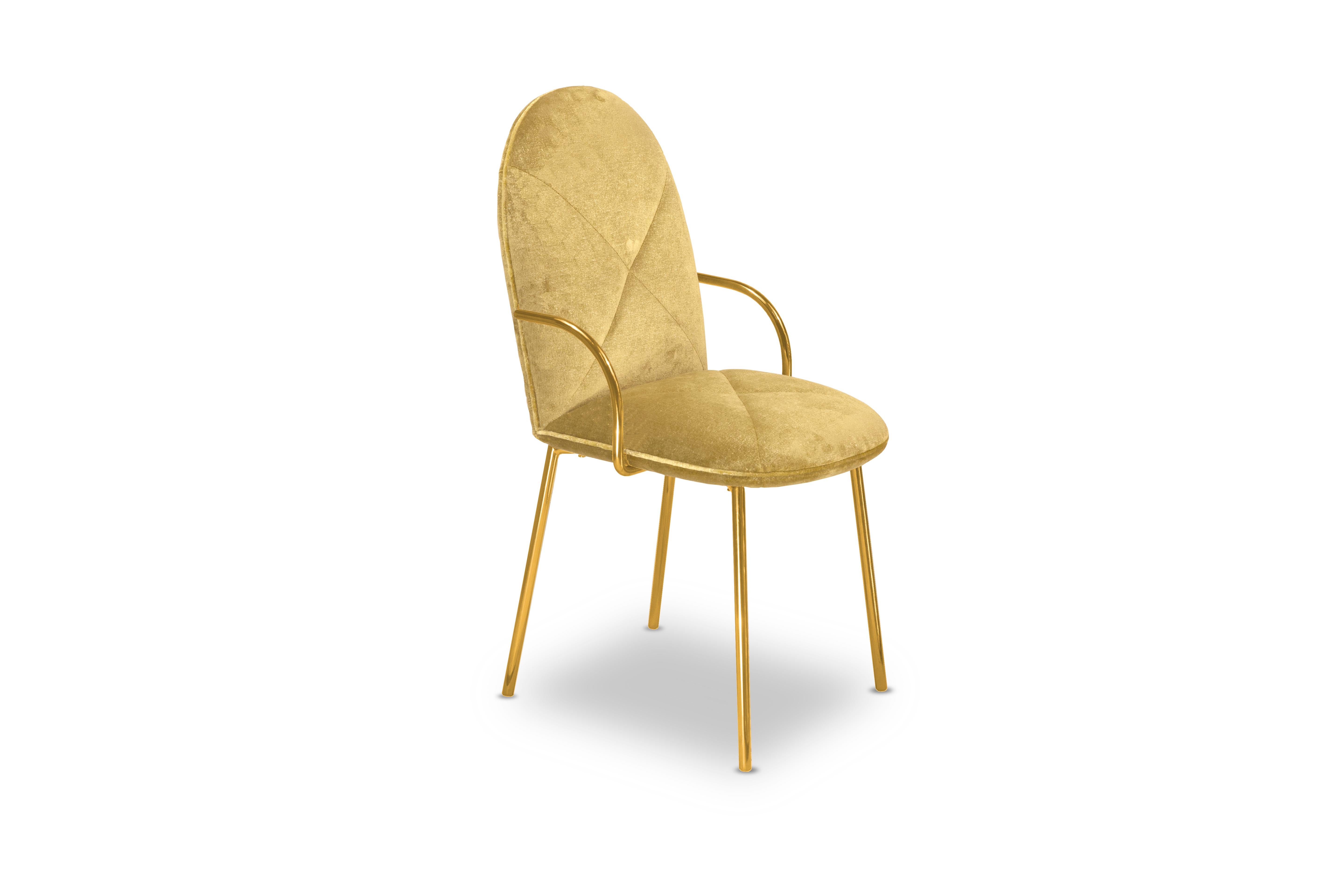 Orion Dining Chair with Gold Dedar Velvet and Gold Arms by Nika Zupanc is a beautiful chair with opulent gold fabric from Dedar Milano and gold metal arms.

Nika Zupanc, a strikingly renowned Slovenian designer, never shies away from redefining the