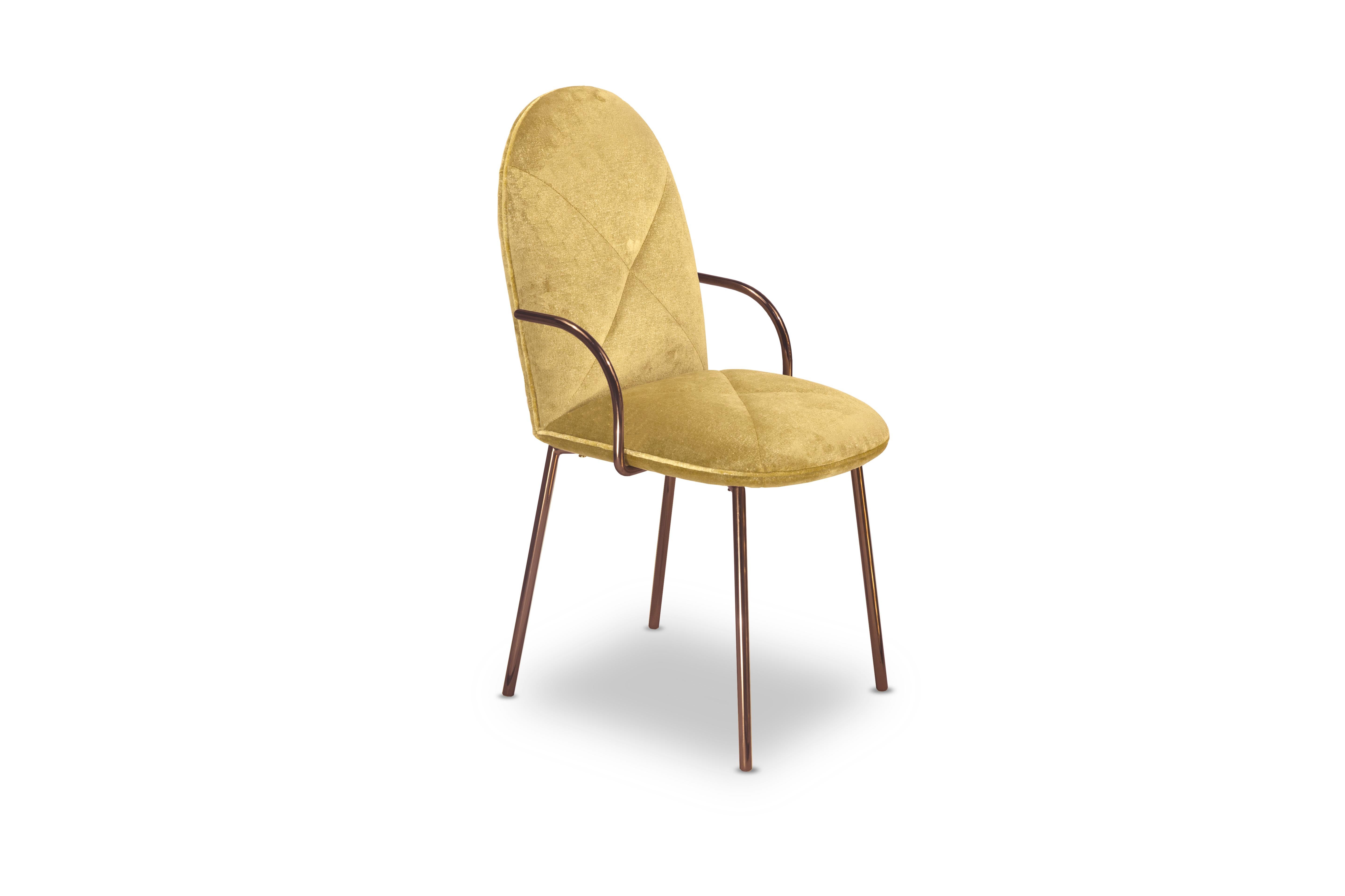 Orion Dining Chair with Gold Dedar Velvet and Rose Gold Arms von Nika Zupanc ist ein wunderschöner Stuhl mit opulentem goldenem Stoff von Dedar Milano und roségoldenen Metallarmen.

Nika Zupanc, eine auffallend renommierte slowenische Designerin,