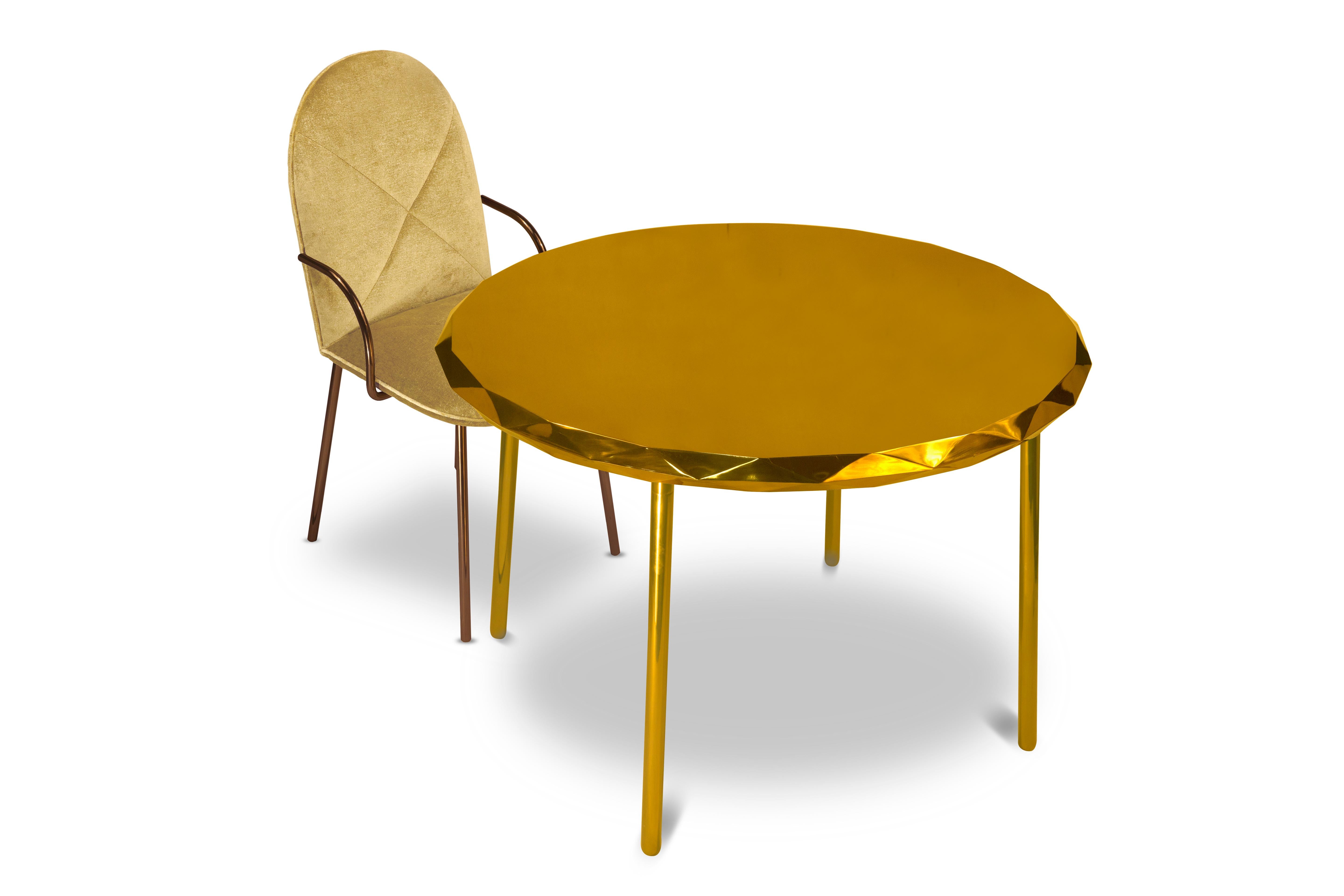 Hand-Crafted Orion Dining Chair with Gold Dedar Velvet and Rose Gold Arms by Nika Zupanc For Sale