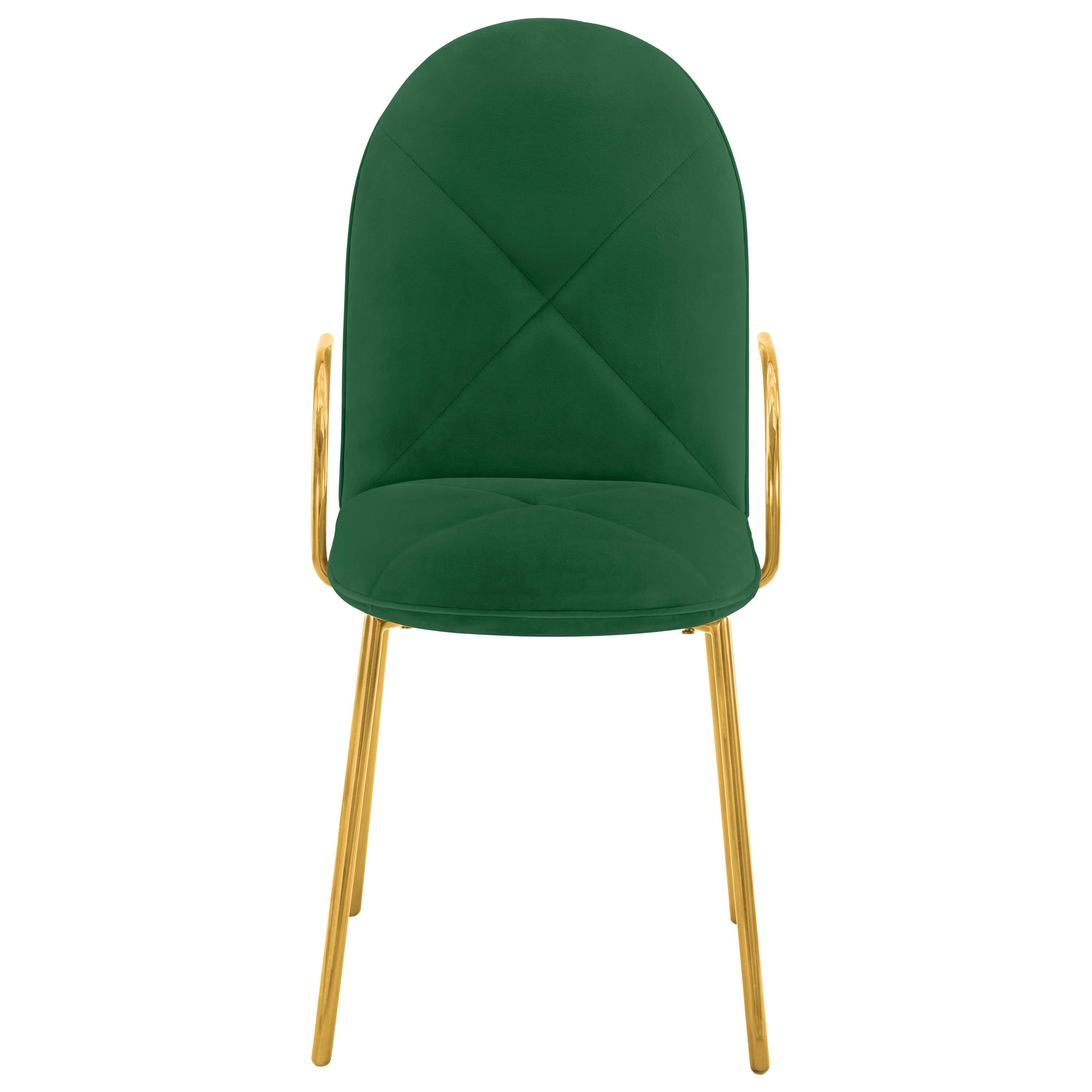 Chaise de salle à manger Orion avec velours vert pelucheux et bras dorés par Nika Zupanc