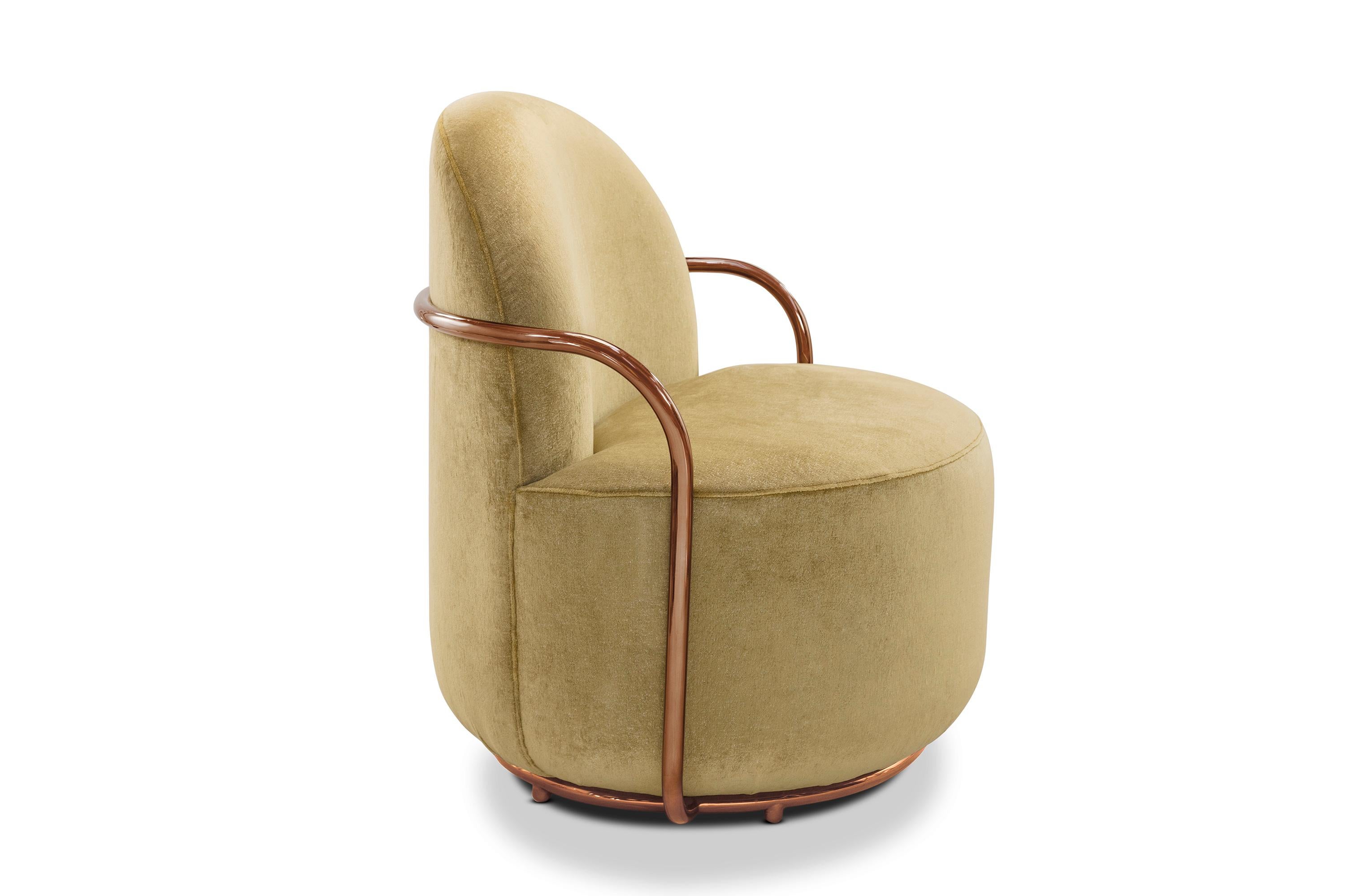 Hand-Crafted Orion Lounge Chair with Gold Dedar Velvet and Rose Gold Arms by Nika Zupanc For Sale