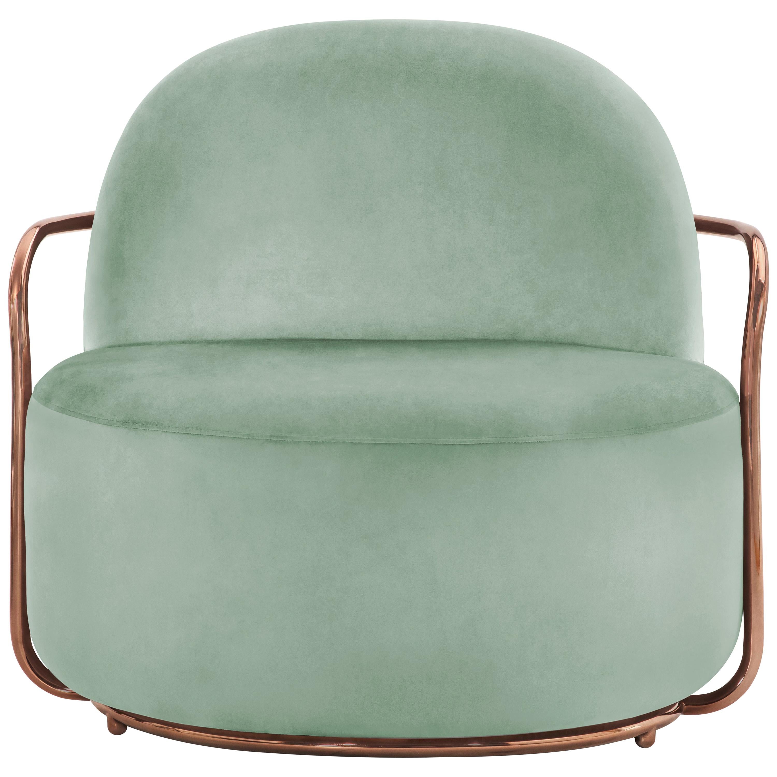 Chaise longue Orion avec bras en velours vert menthe et or rose par Nika Zupanc