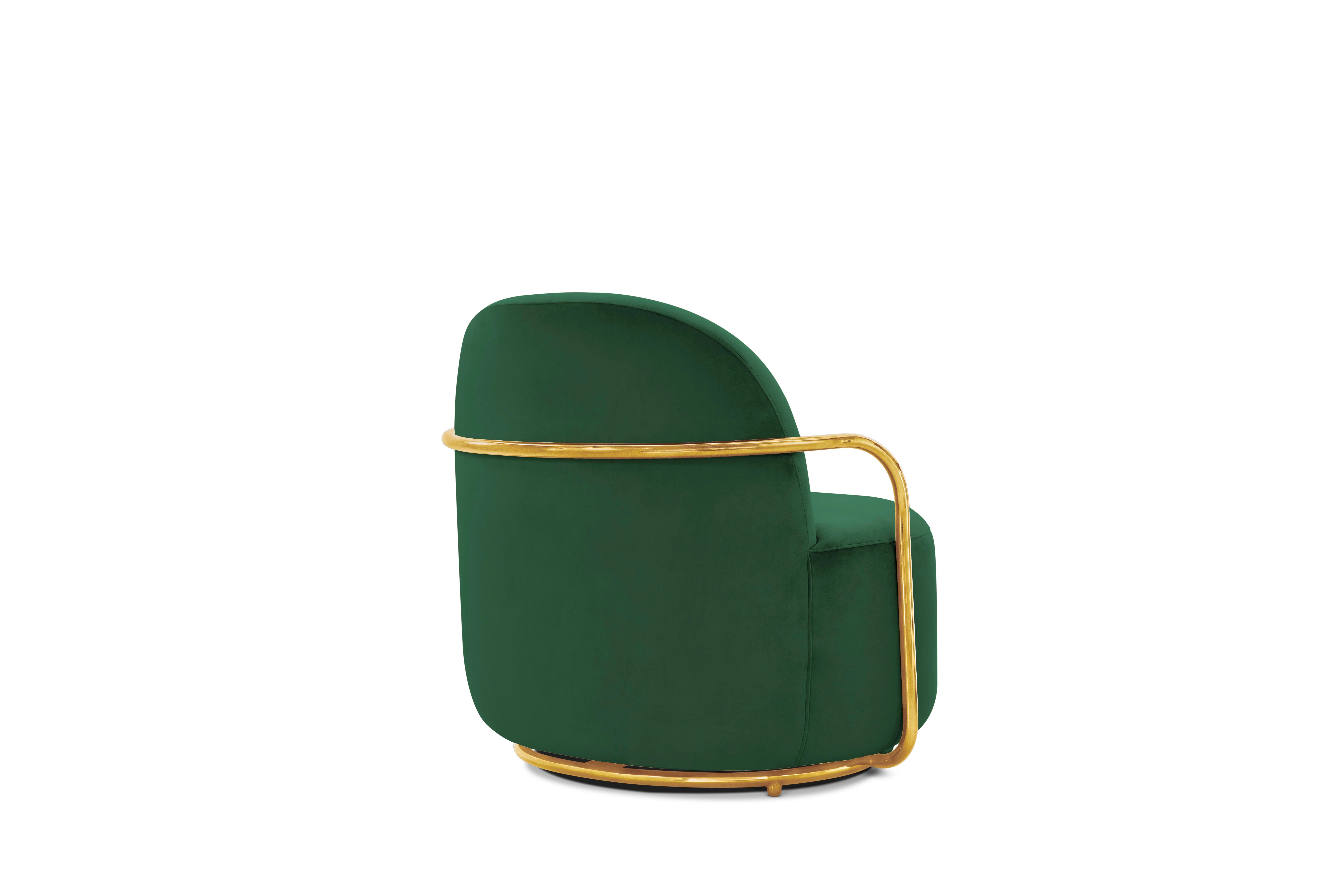 Modern Orion Lounge Chair with Plush Green Velvet and Gold Arms by Nika Zupanc For Sale