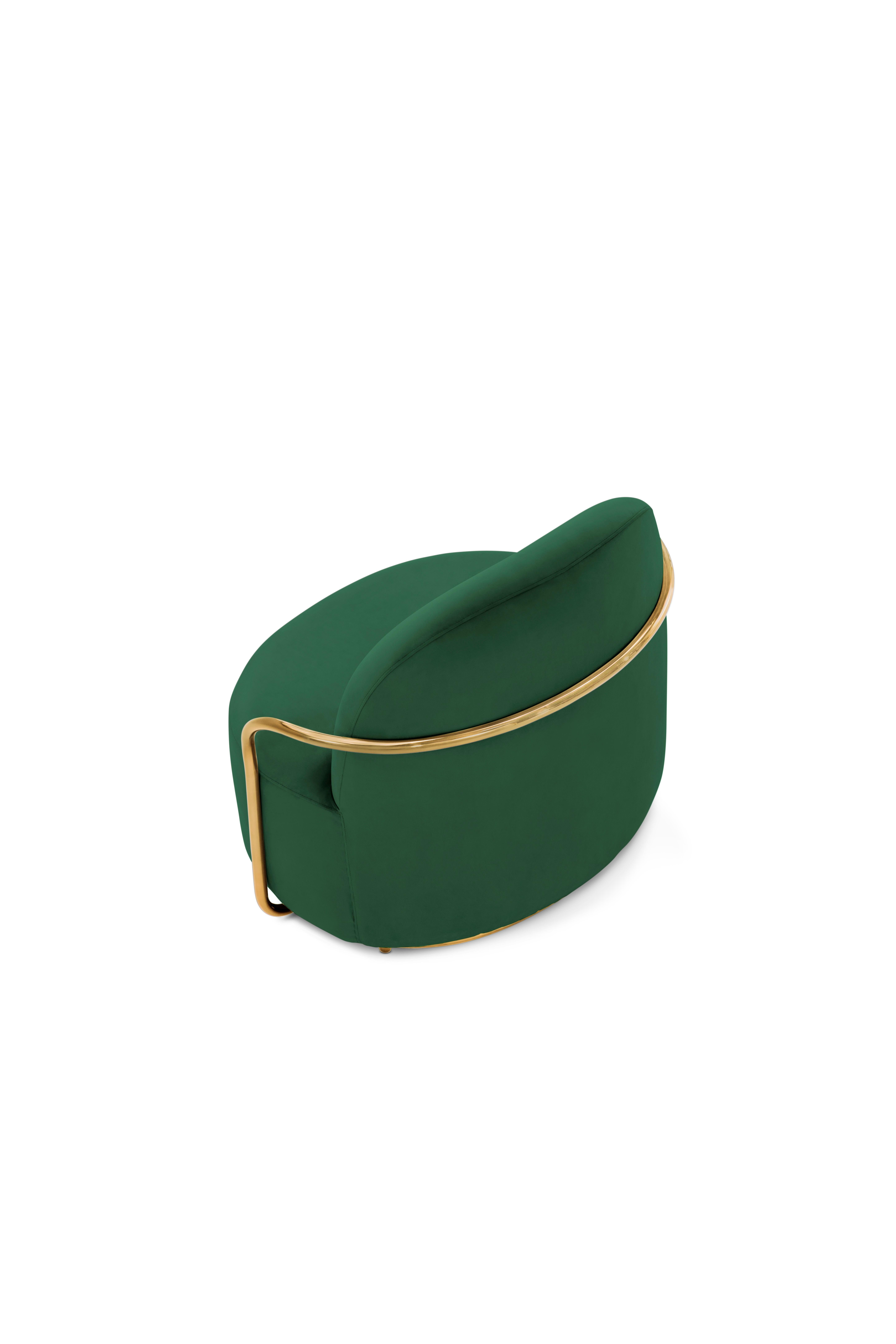 Hand-Crafted Orion Lounge Chair with Plush Green Velvet and Gold Arms by Nika Zupanc For Sale