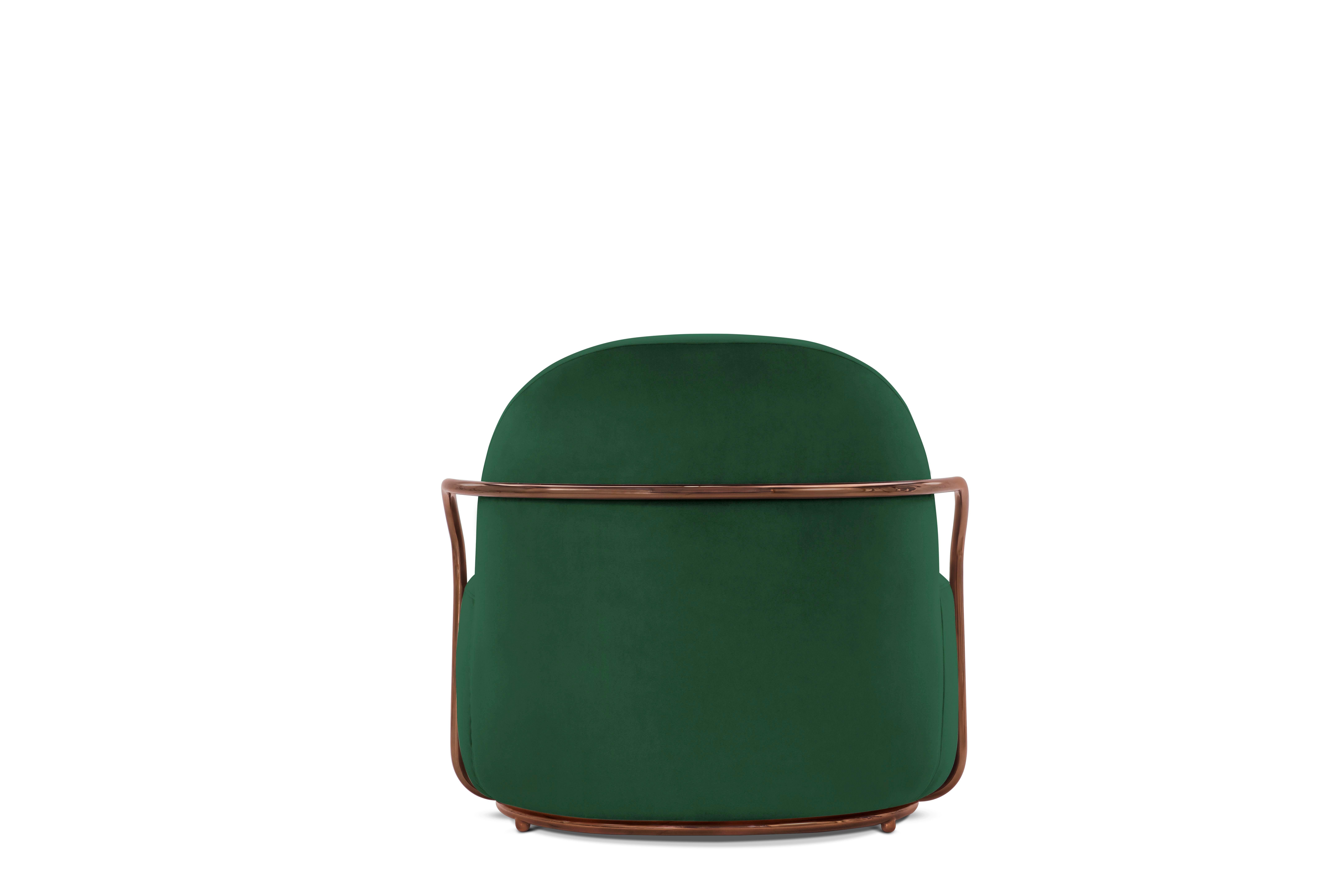 Modern Orion Lounge Chair with Plush Green Velvet and Rose Gold Arms by Nika Zupanc For Sale