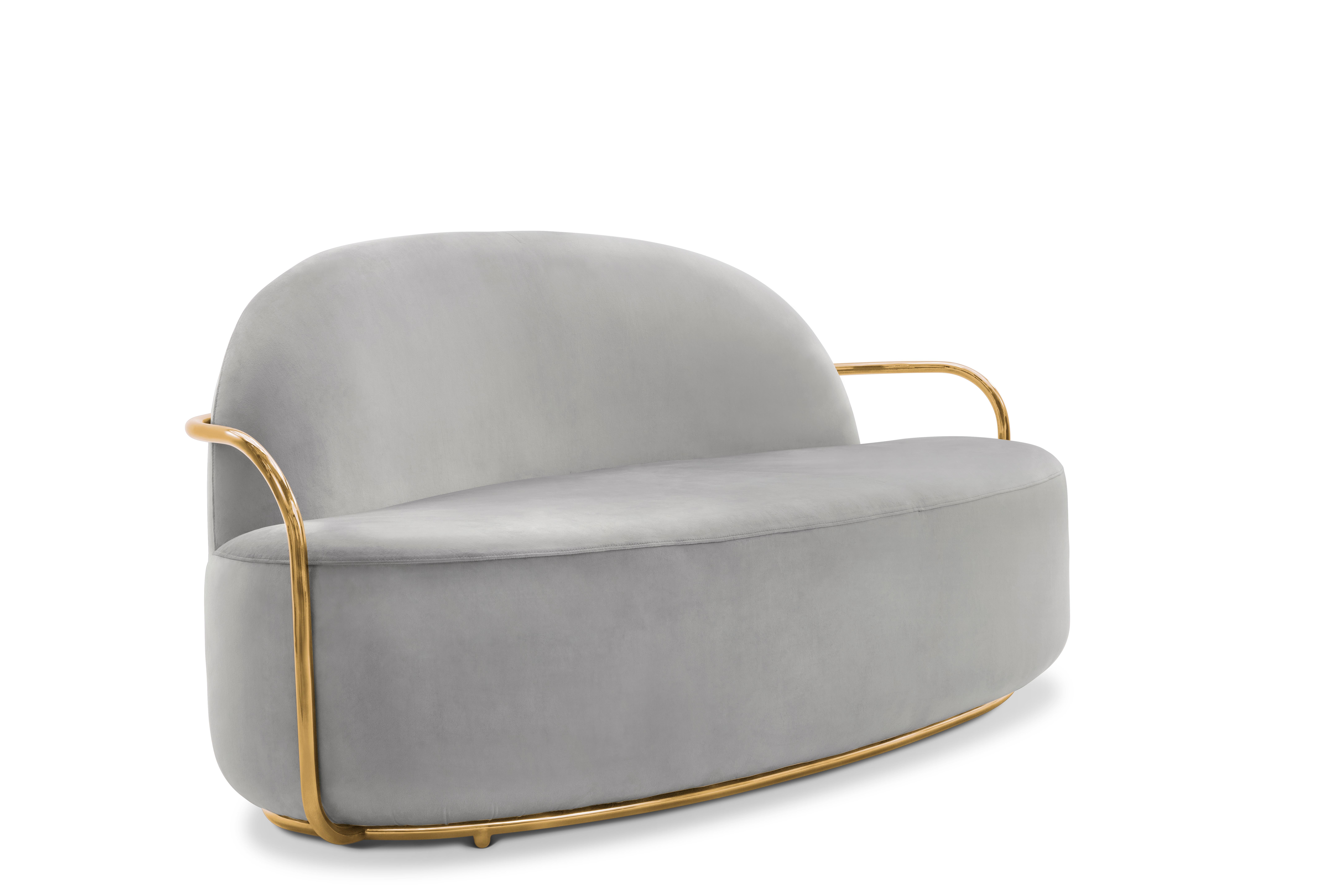 Hand-Crafted Orion 3 Seat Sofa with Plush Gray Velvet and Gold Arms by Nika Zupanc For Sale