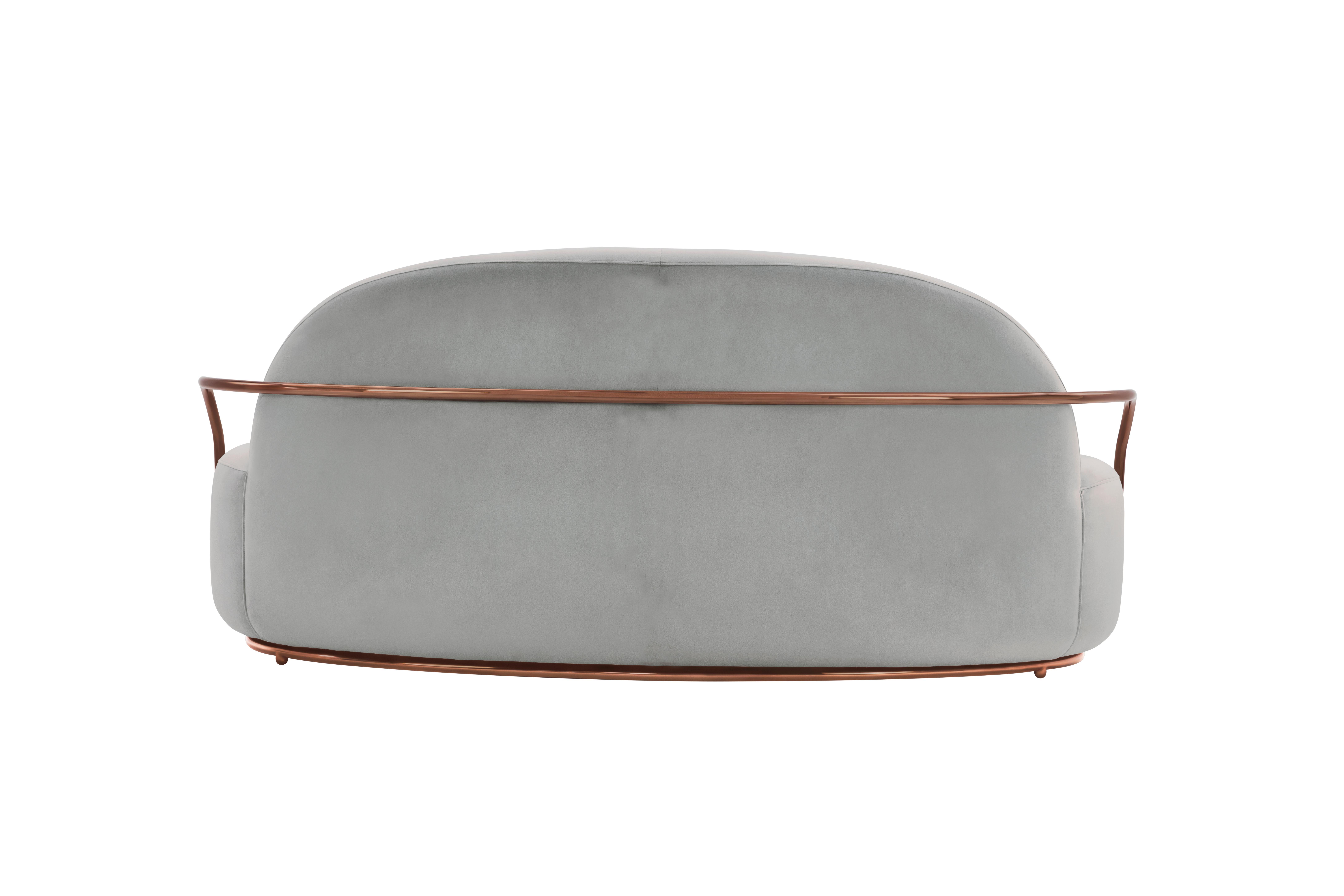 Indian Orion 3 Seat Sofa with Plush Gray Velvet and Rose Gold Arms by Nika Zupanc For Sale
