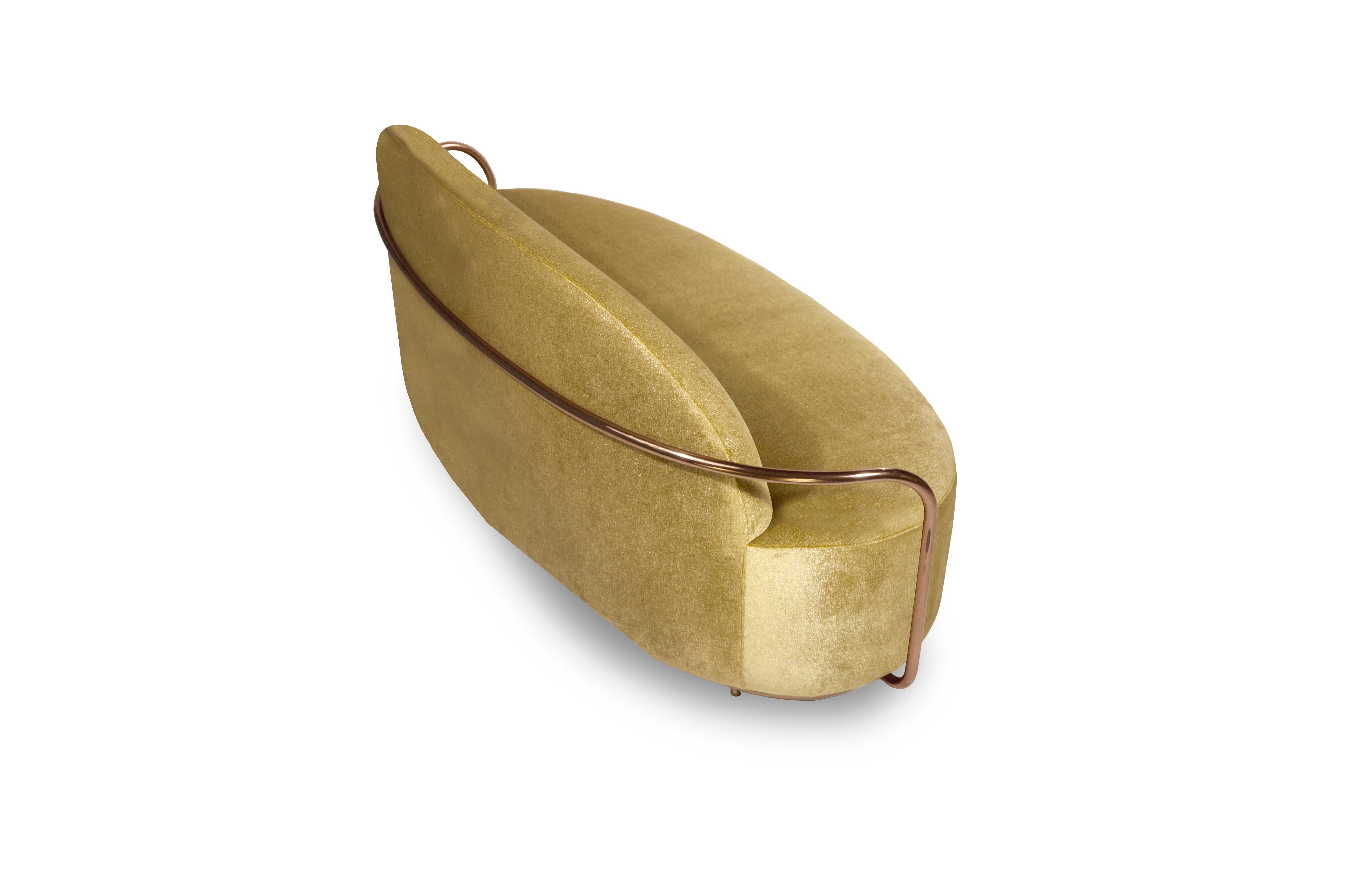Indian Orion 3 Seat Sofa with Gold Dedar Velvet and Rose Gold Arms by Nika Zupanc For Sale