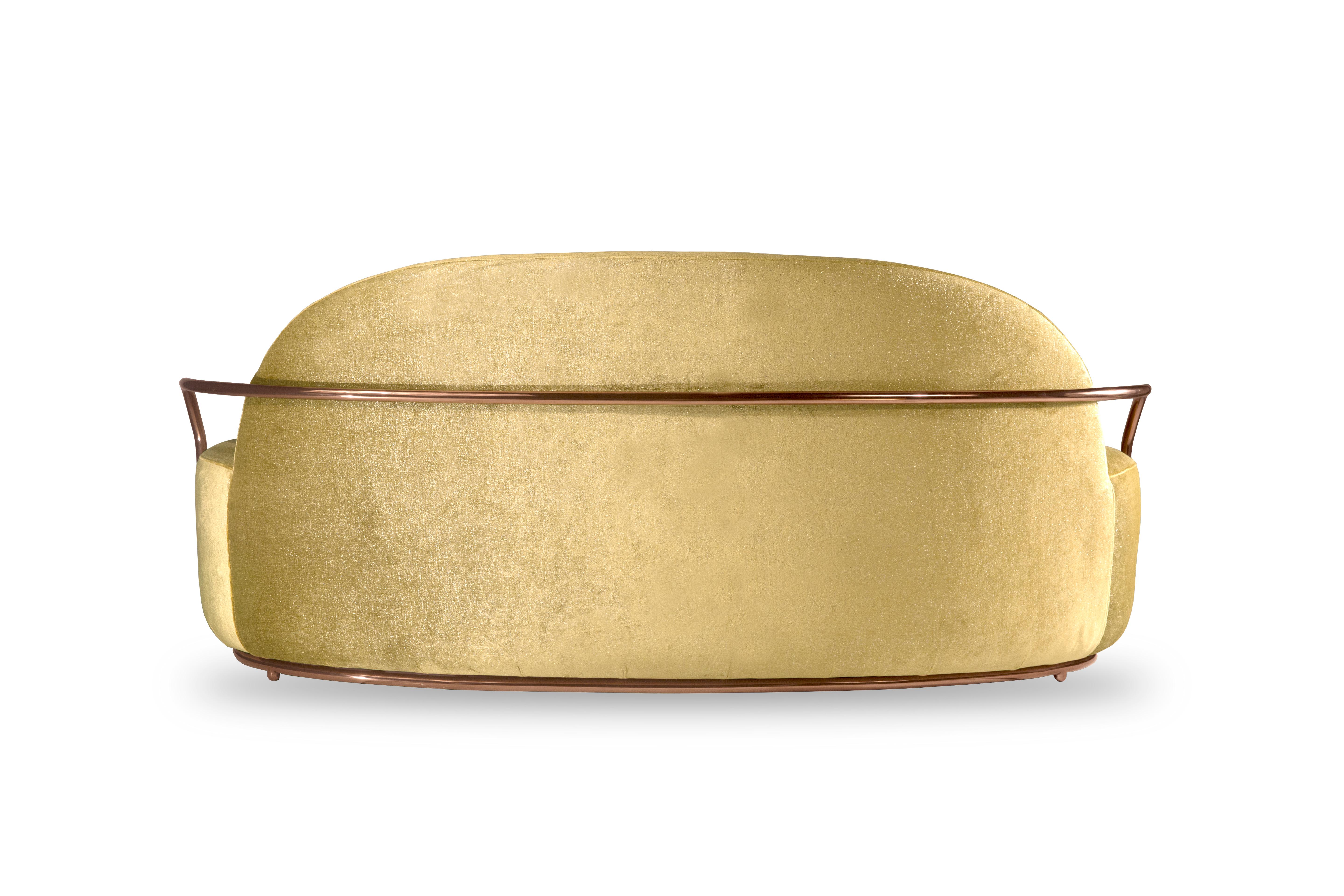 Hand-Crafted Orion 3 Seat Sofa with Gold Dedar Velvet and Rose Gold Arms by Nika Zupanc For Sale