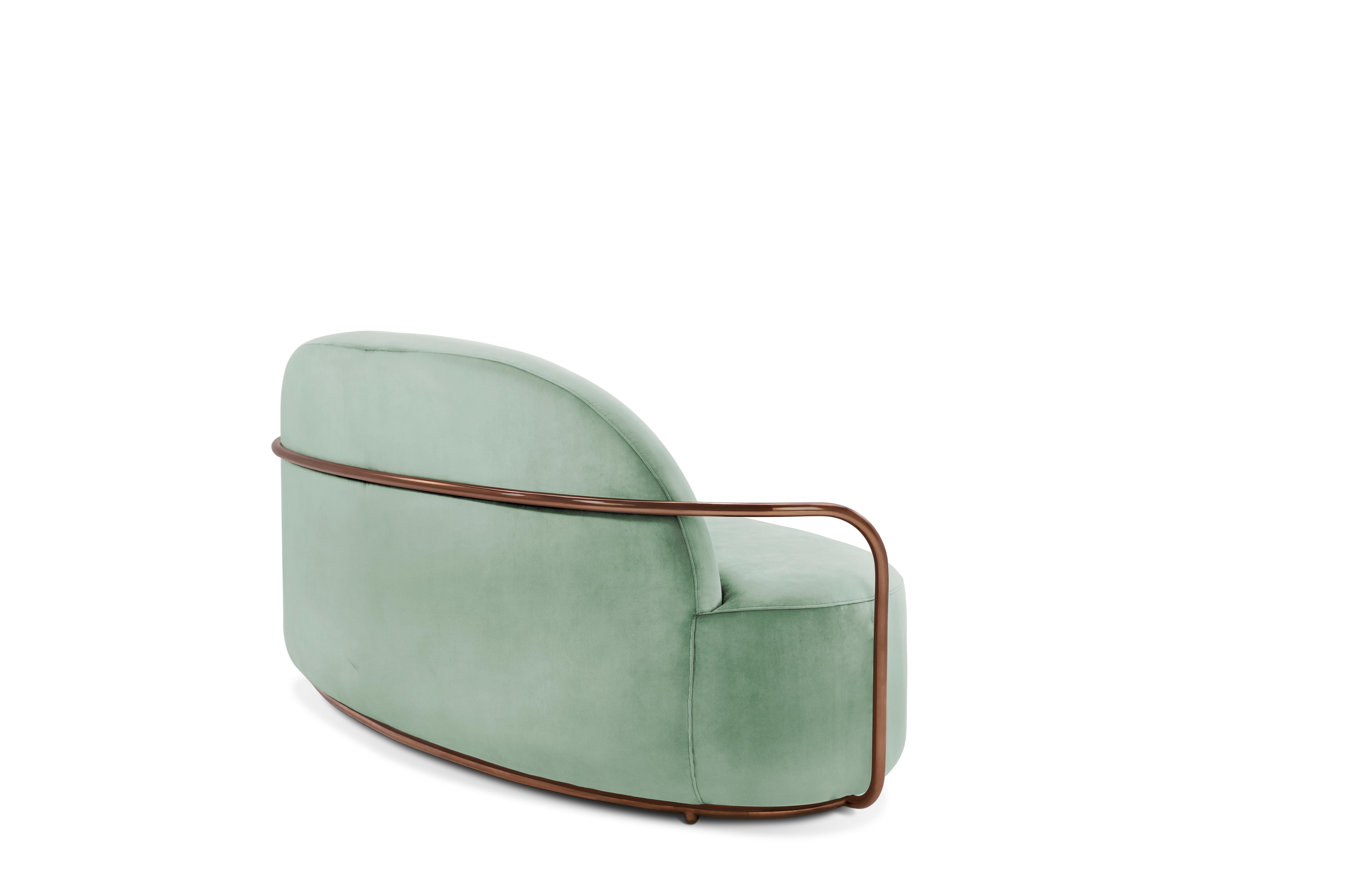 Indian Orion 3 Seat Sofa with Plush Mint Green Velvet and Rose Gold Arms by Nika Zupanc For Sale