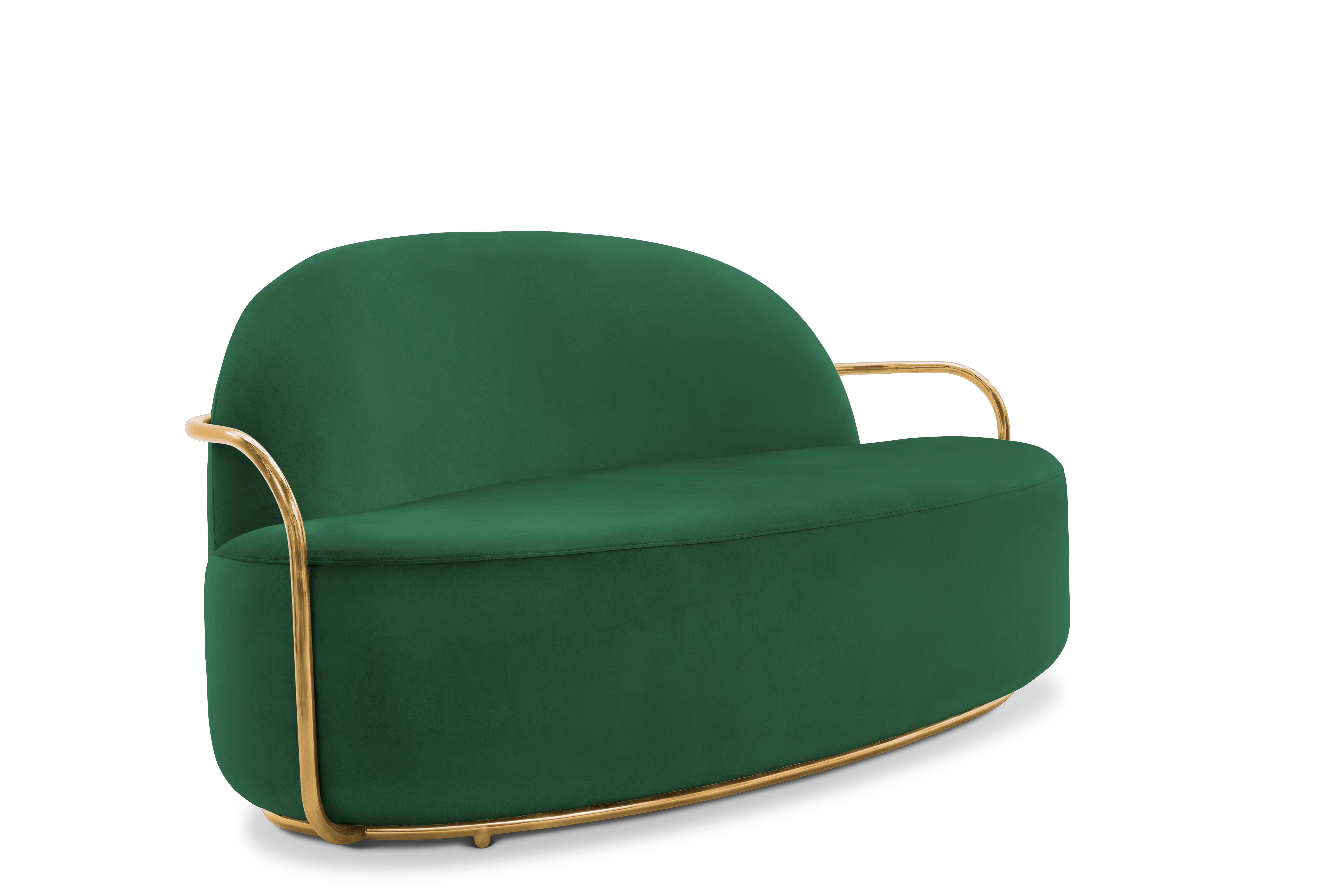 The rich deep green velvet contrasted with gold metal arms accentuates the fluid lines of the Orion 3 Seat Sofa with Plush Green Velvet and Gold Arms by Nika Zupanc

Nika Zupanc, a strikingly renowned Slovenian designer, never shies away from