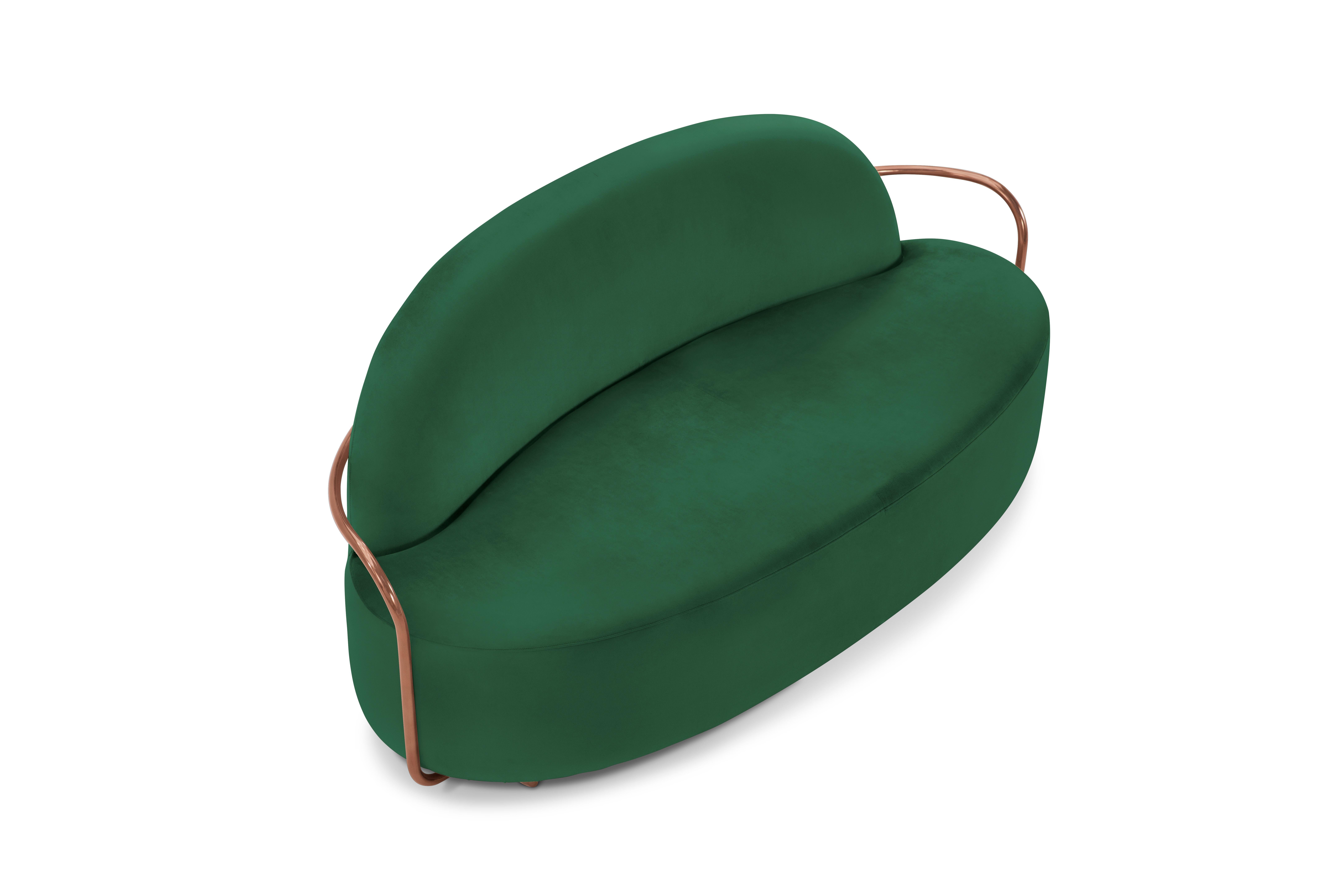 Indian Orion 3 Seat Sofa with Plush Green Velvet and Rose Gold Arms by Nika Zupanc For Sale