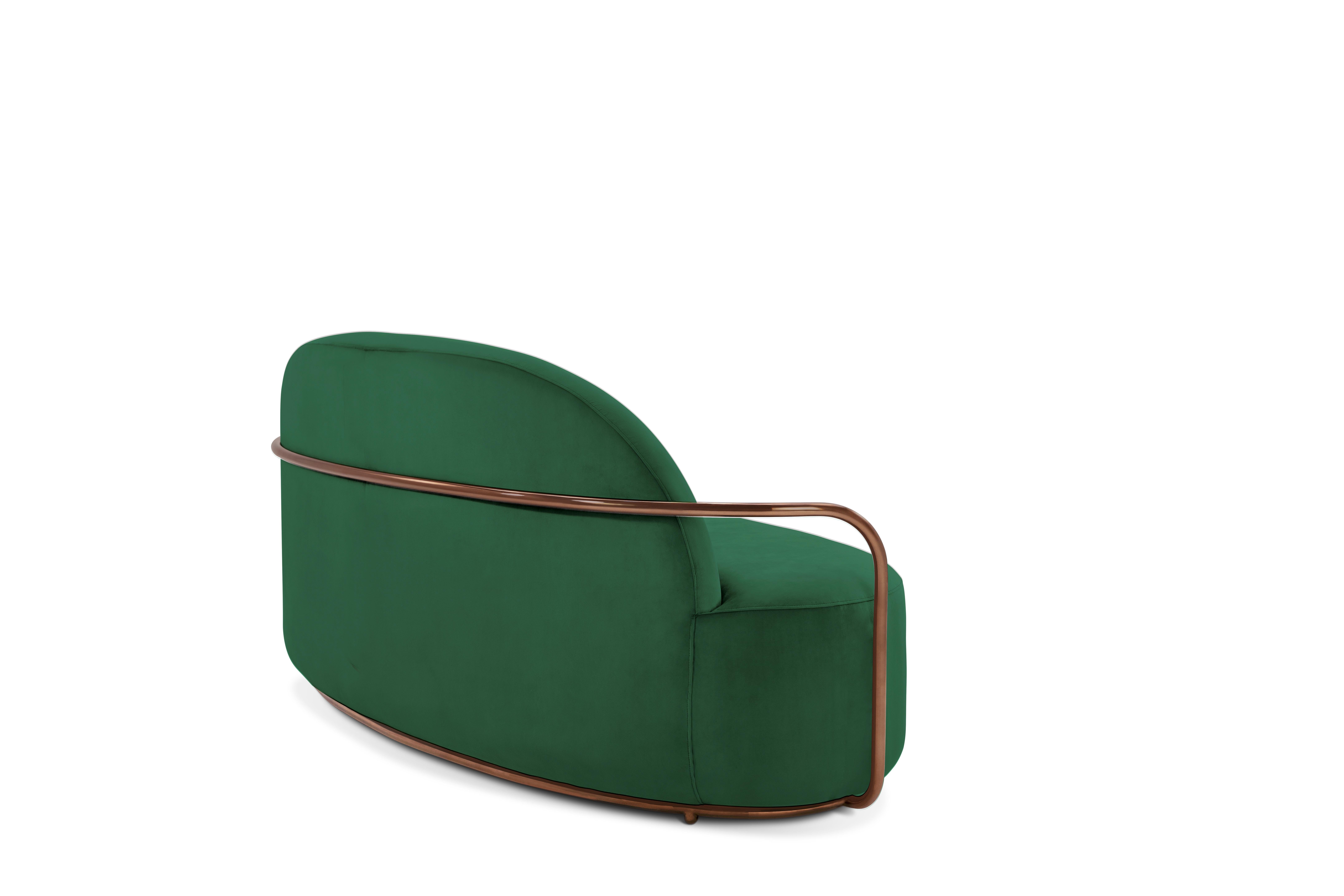 Hand-Crafted Orion 3 Seat Sofa with Plush Green Velvet and Rose Gold Arms by Nika Zupanc For Sale