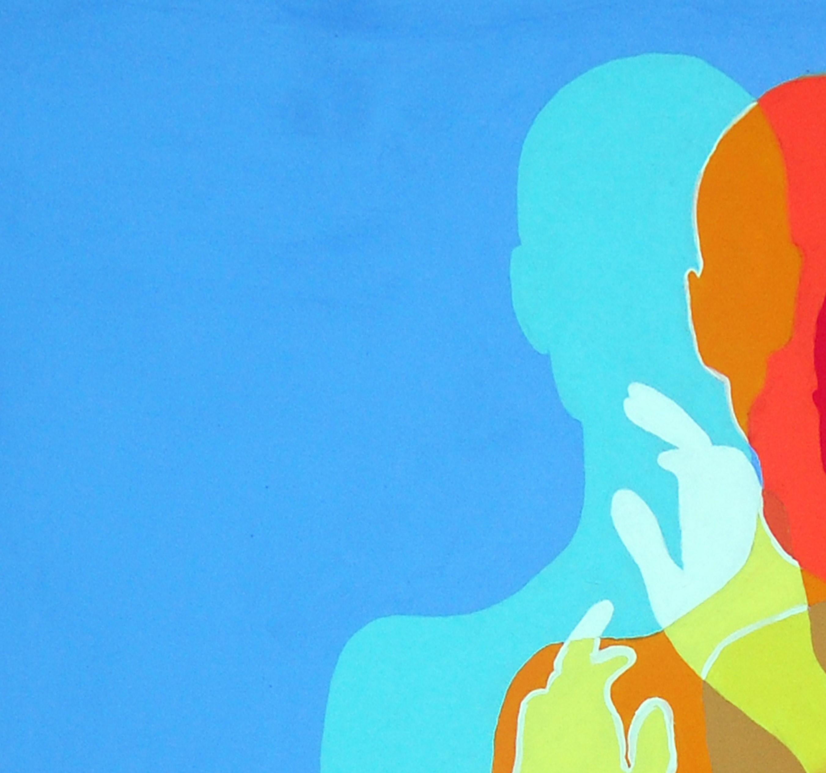 Ero is a striking composition that captures the fluidity of thought and layered human experience. Through overlapping silhouettes in vibrant hues of blue, red, orange, and lime green, the painting explores the invisible movement of the mind—how