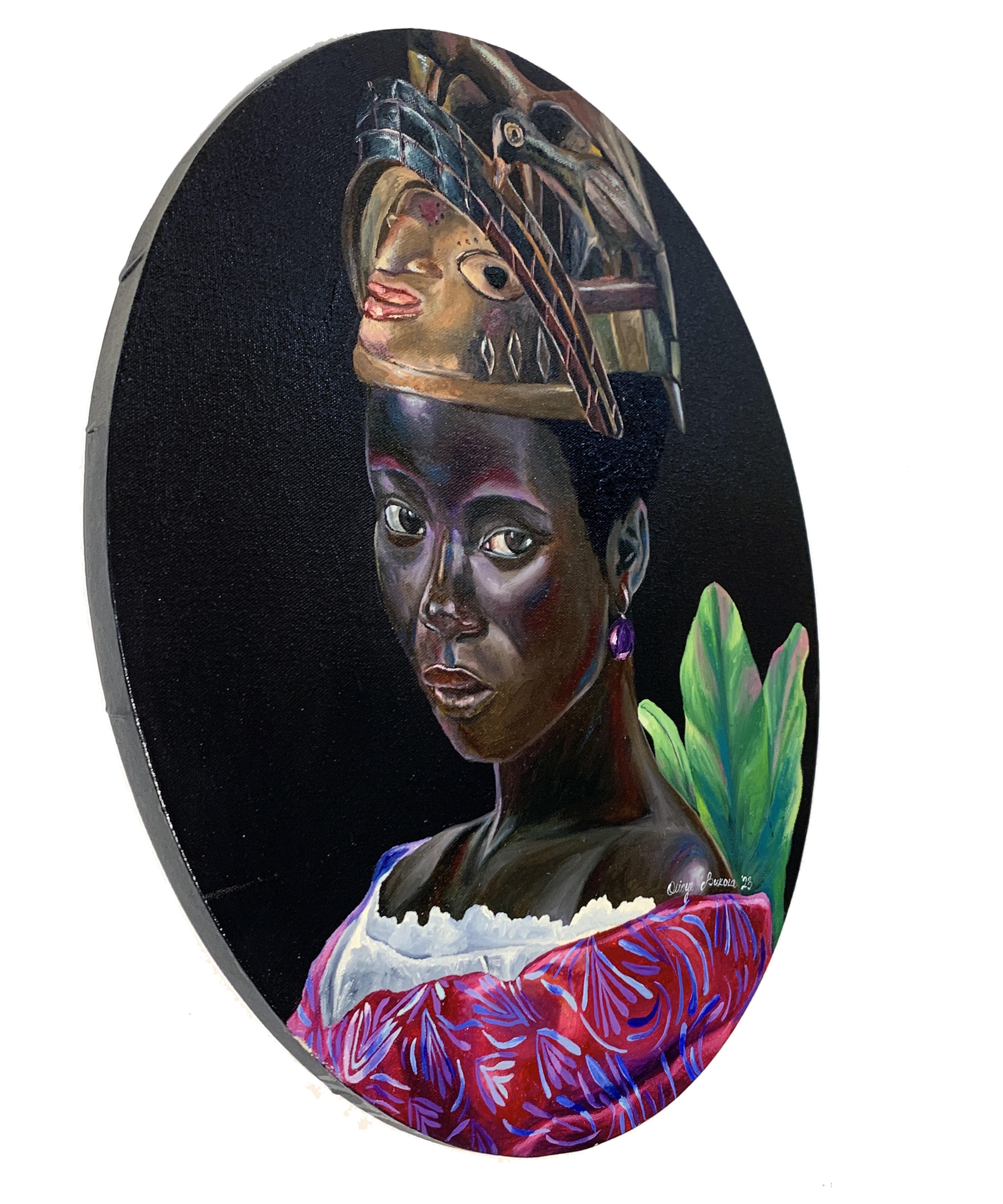Retrospection (Gelede) - African Portrait Painting with Traditional Yoruba Mask For Sale 1