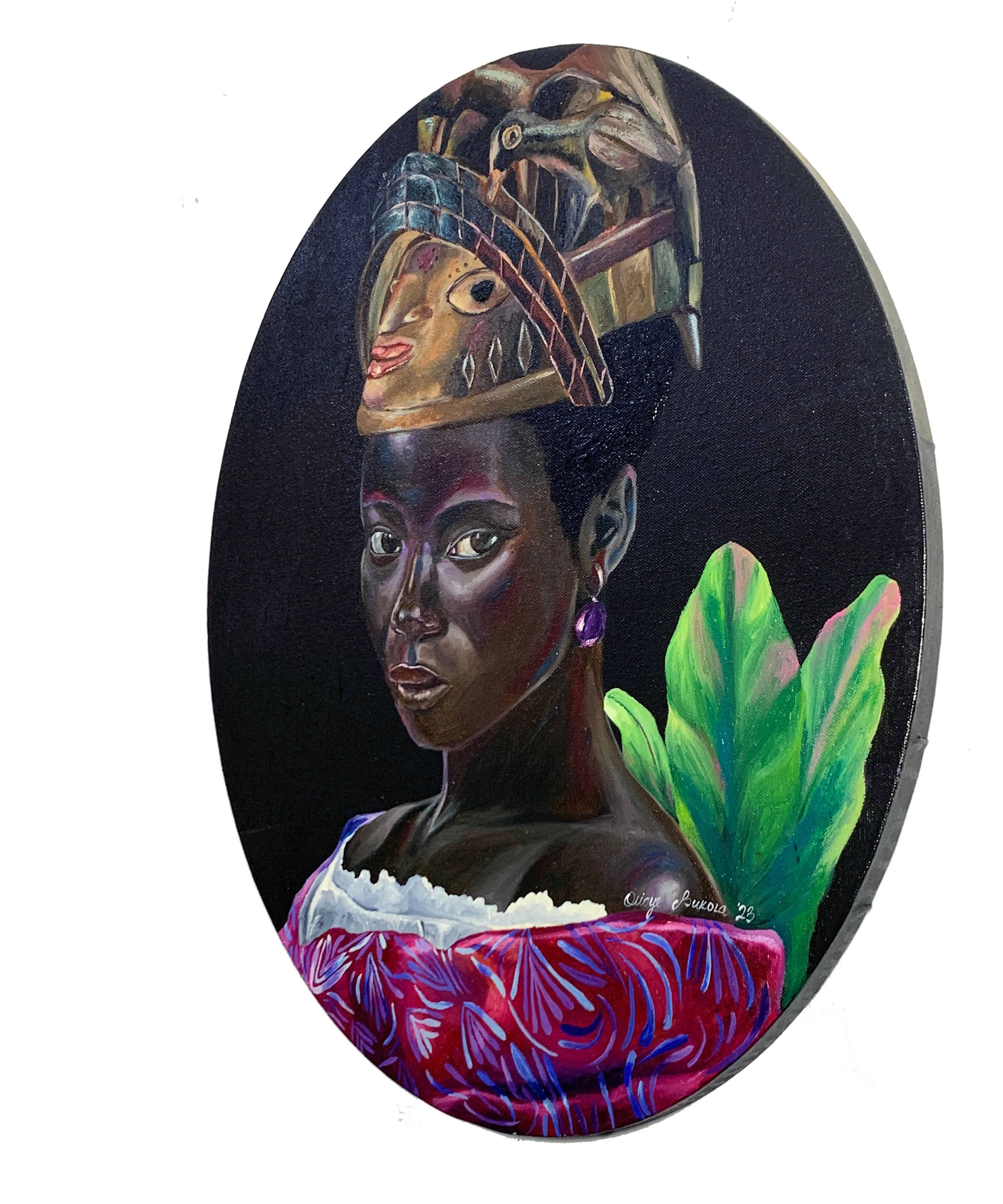 Retrospection (Gelede) - African Portrait Painting with Traditional Yoruba Mask For Sale 2