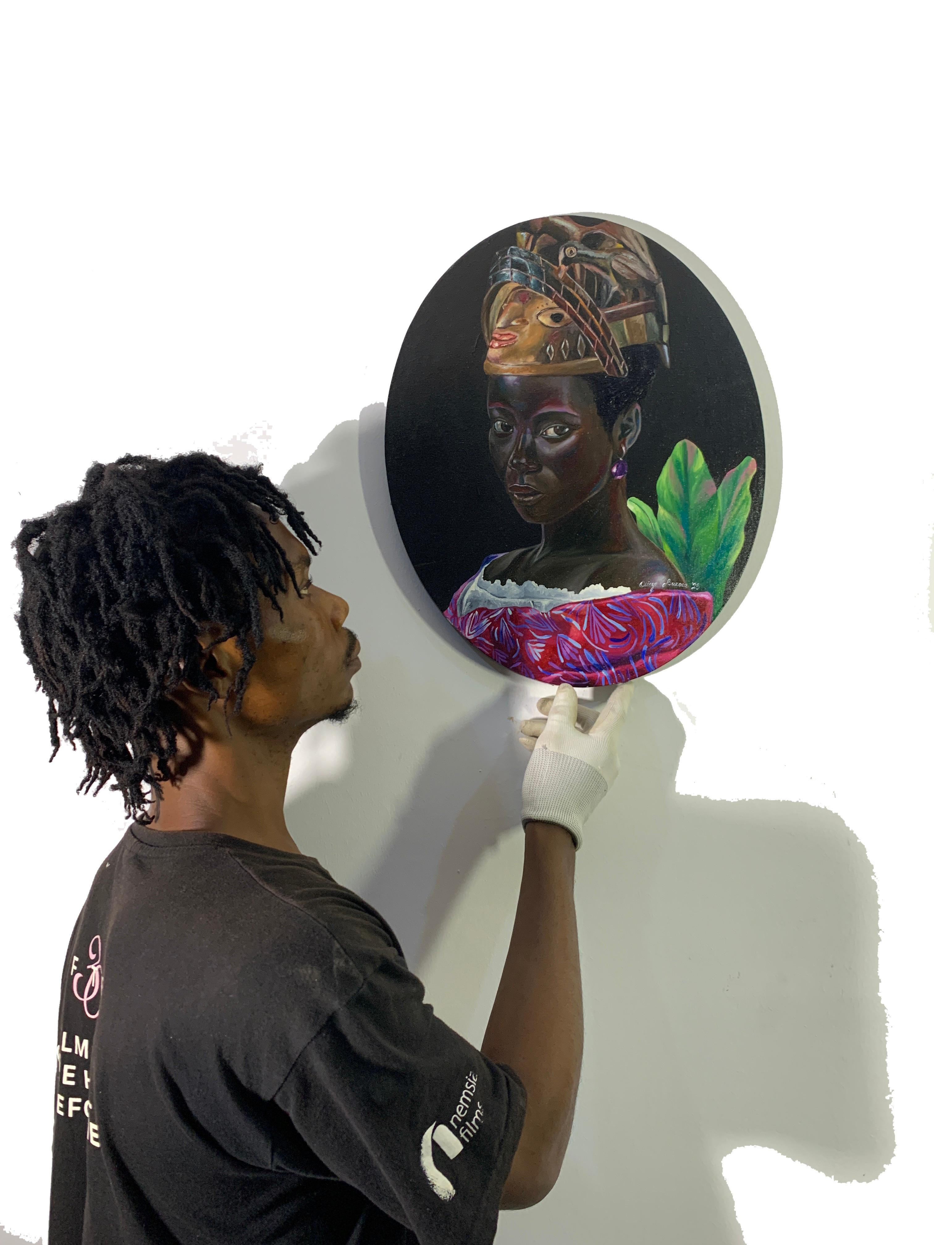 Retrospection (Gelede) - African Portrait Painting with Traditional Yoruba Mask For Sale 3