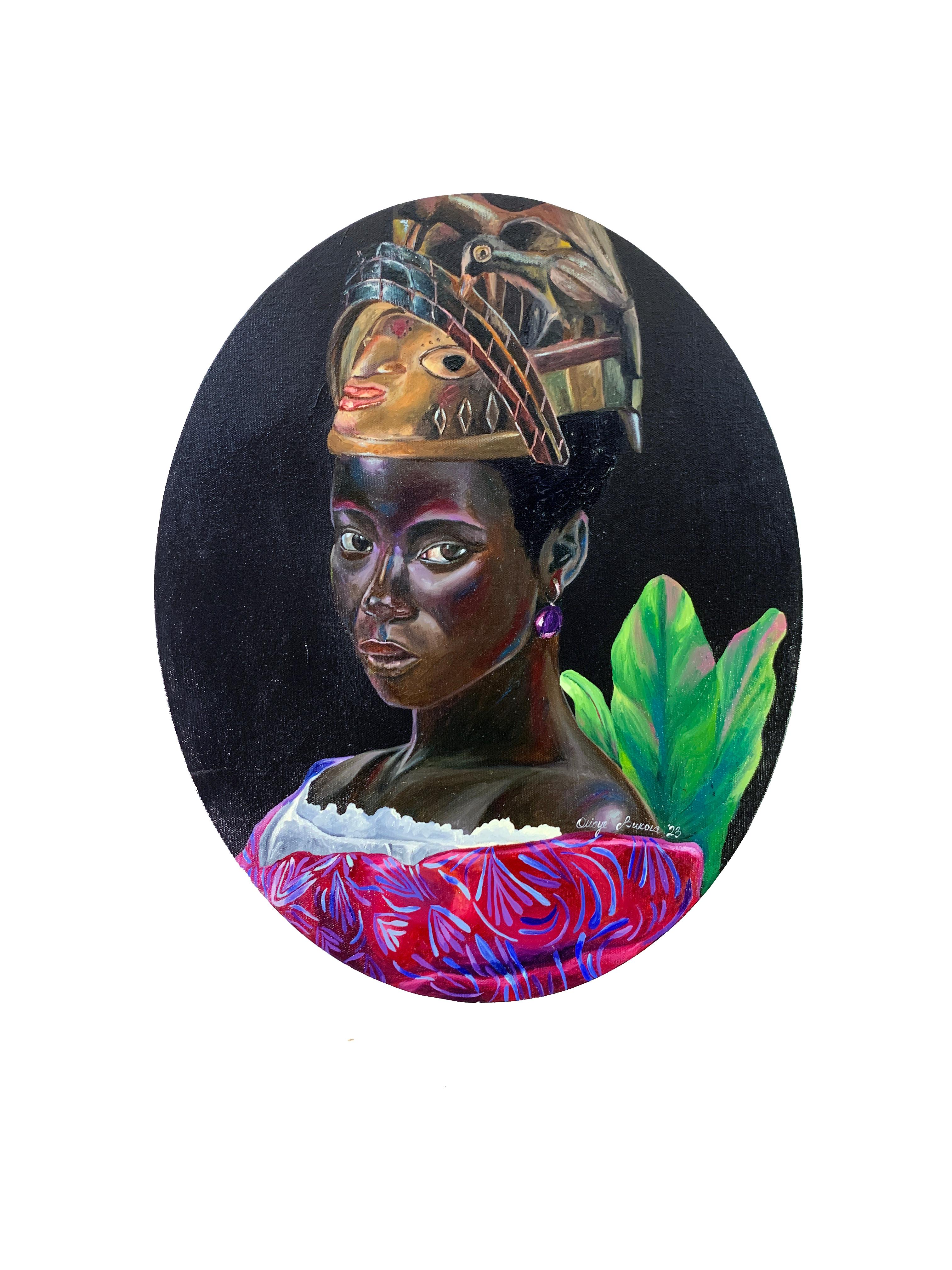 Retrospection (Gelede) is a visually elegant and symbolically potent portrait by Nigerian contemporary artist Bukola Orioye, whose work consistently explores the interweaving of identity, memory, and African spiritual traditions.
This piece portrays