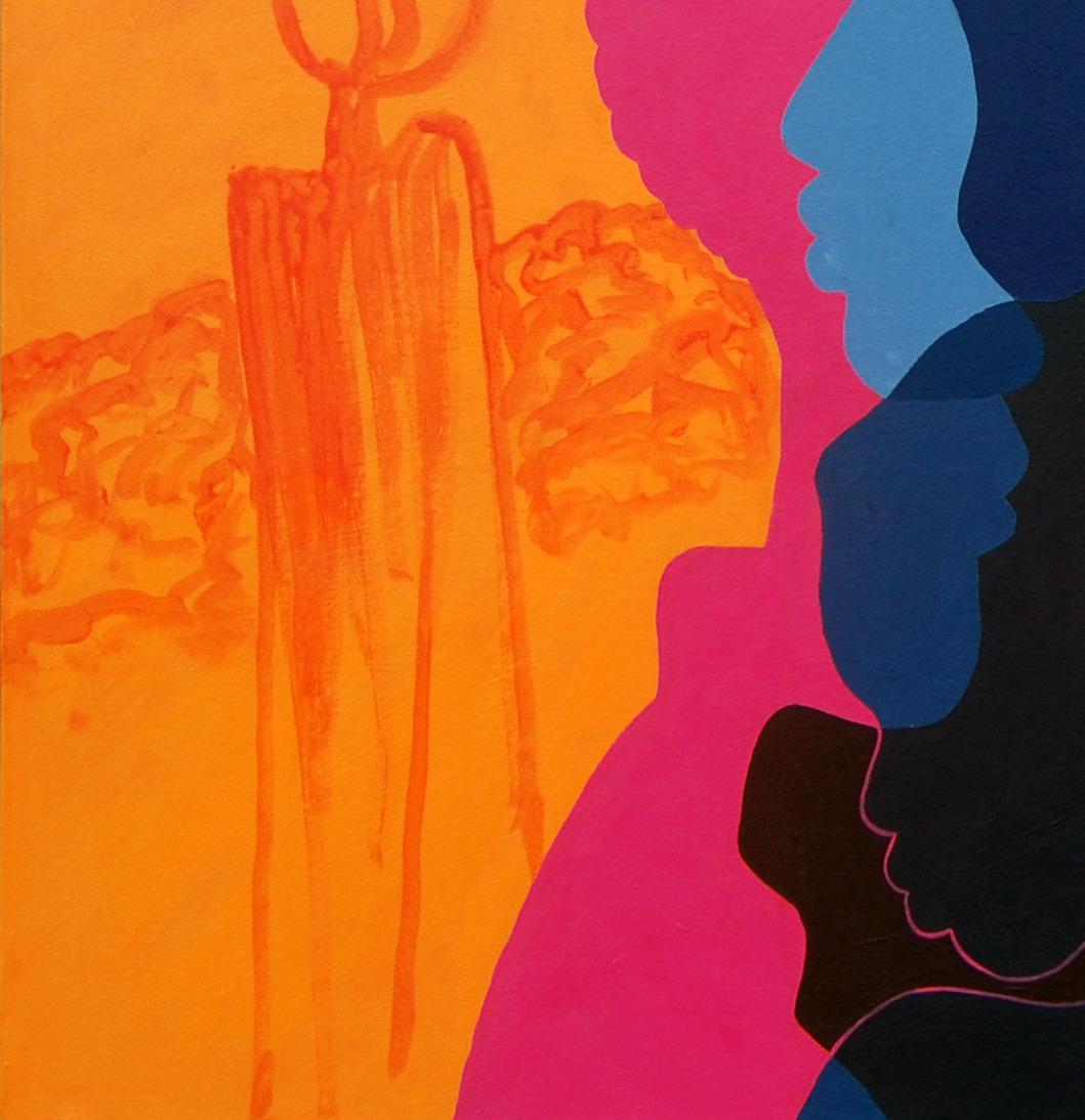 Perspectives - 21st Century, Contemporary Figurative, Colourful, Silhouette - Orange Interior Painting by Orioye Samuel