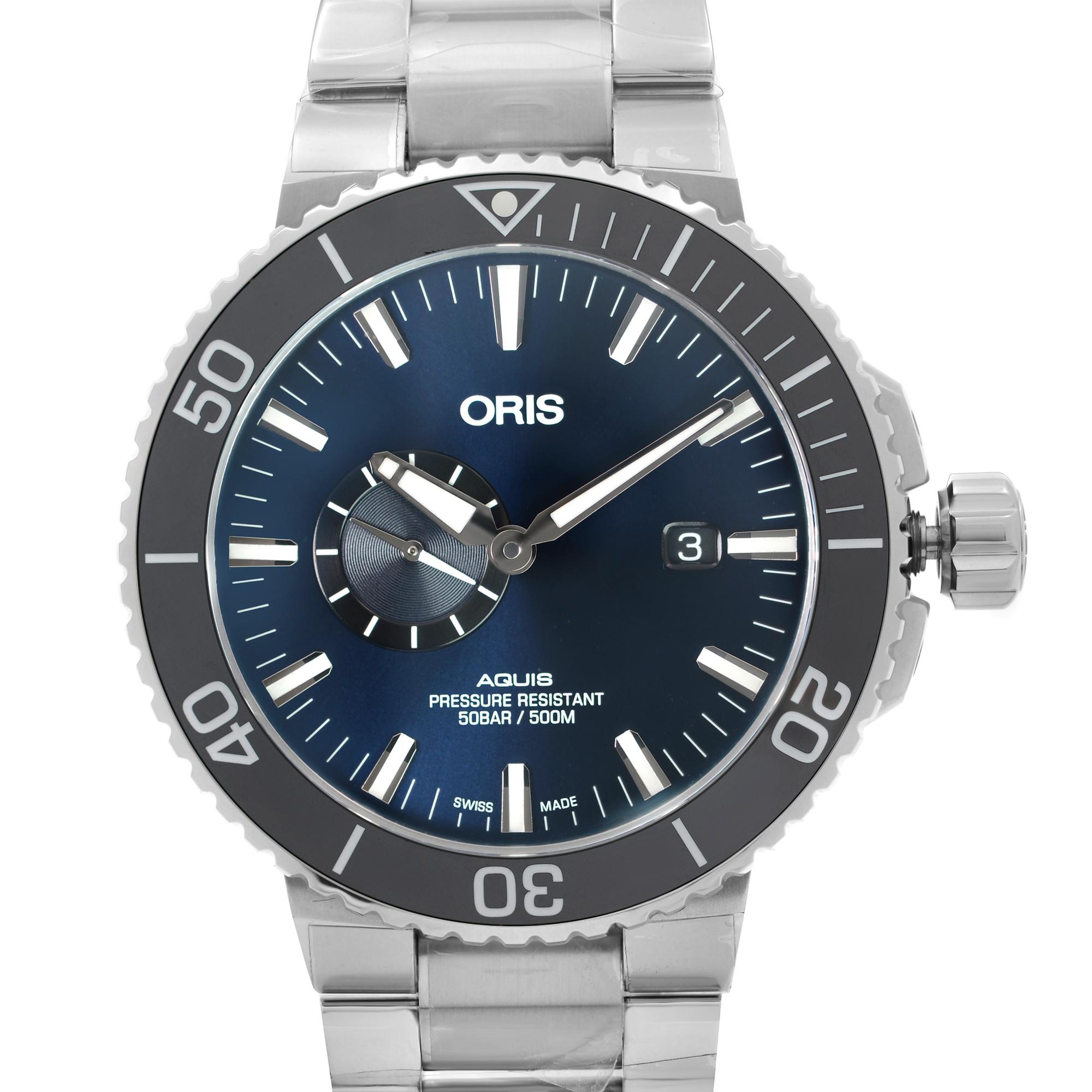 Display Model Oris Aquis Date Stainless Steel Ceramic Blue Dial Automatic Mens Watch 01 743 7733 4135-07 8 24 05PEB. This Beautiful Timepiece is Powered by Mechanical (Automatic) Movement And Features: Round Stainless Steel Case with a Stainless
