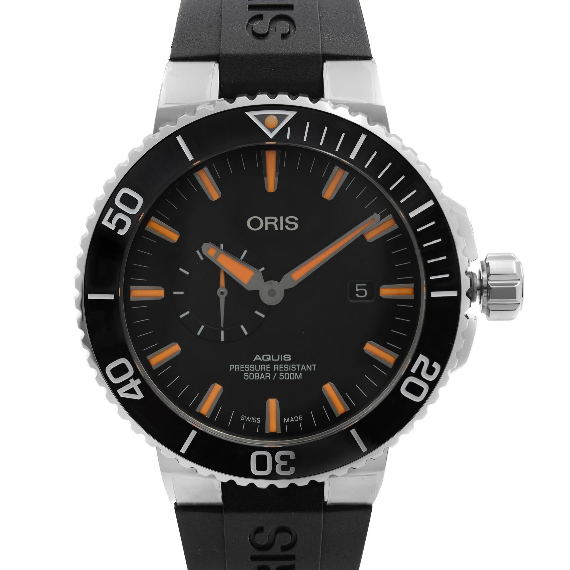 Display Model Oris Aquis Small Second Date 45.5mm Steel Black Dial Automatic Men's Watch 01 743 7733 4159-07 4 24 64EB This Beautiful Timepiece is Powered by Mechanical (Automatic) Movement And Features: Round Stainless Steel Case with a Black