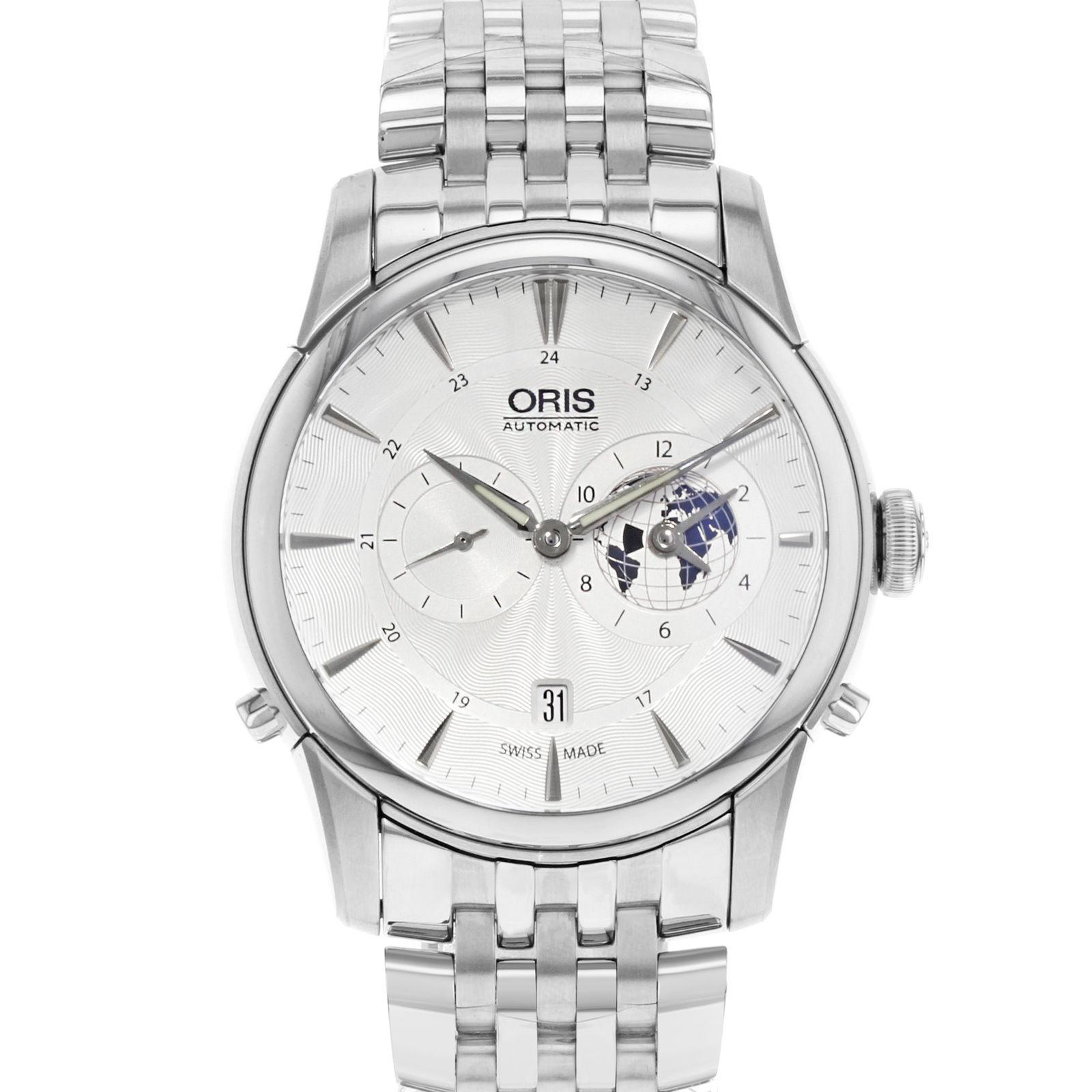 (20394)
This display model Oris Artelier 01 690 7690 4081-07 8 22 77 is a beautiful men's timepiece that is powered by an automatic movement which is cased in a stainless steel case. It has a round shape face, date, multiple time zone, small seconds