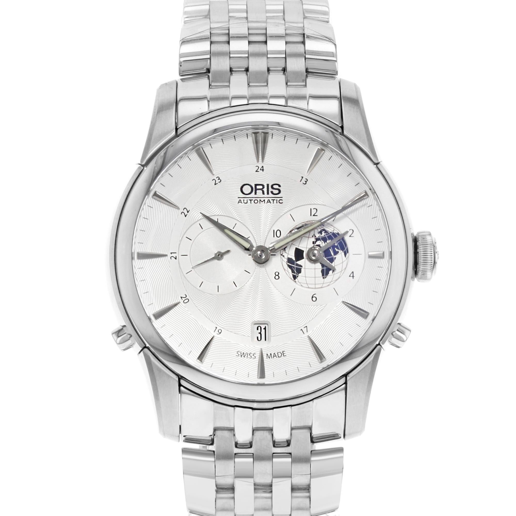 This display model Oris Artelier 01 690 7690 4081-07 8 22 77 is a beautiful men's timepiece that is powered by mechanical (automatic) movement which is cased in a stainless steel case. It has a round shape face, date indicator, multiple time zones,