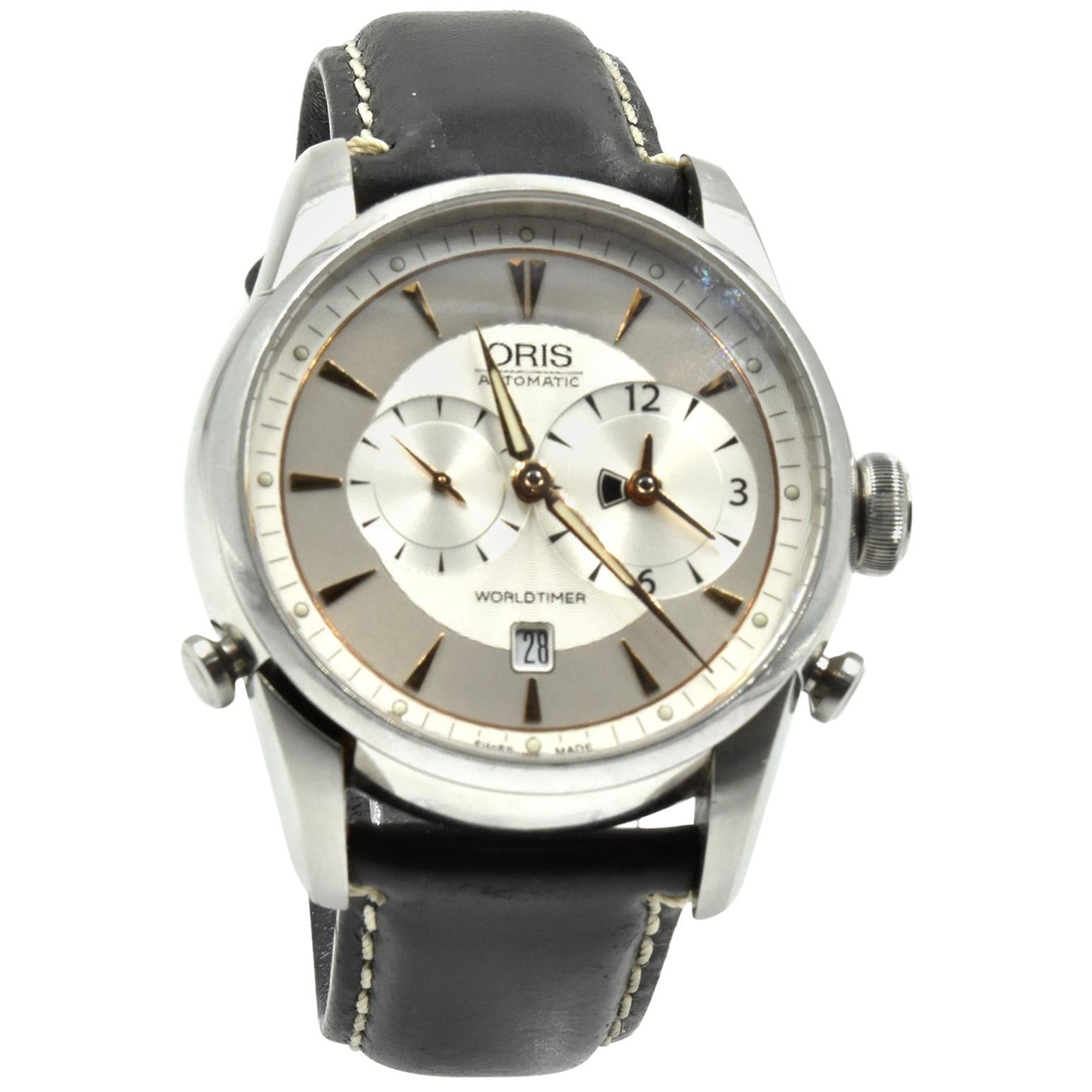 Oris Artelier Worldtimer Black Calf Skin Automatic Watch Ref 690-7581-4051LS