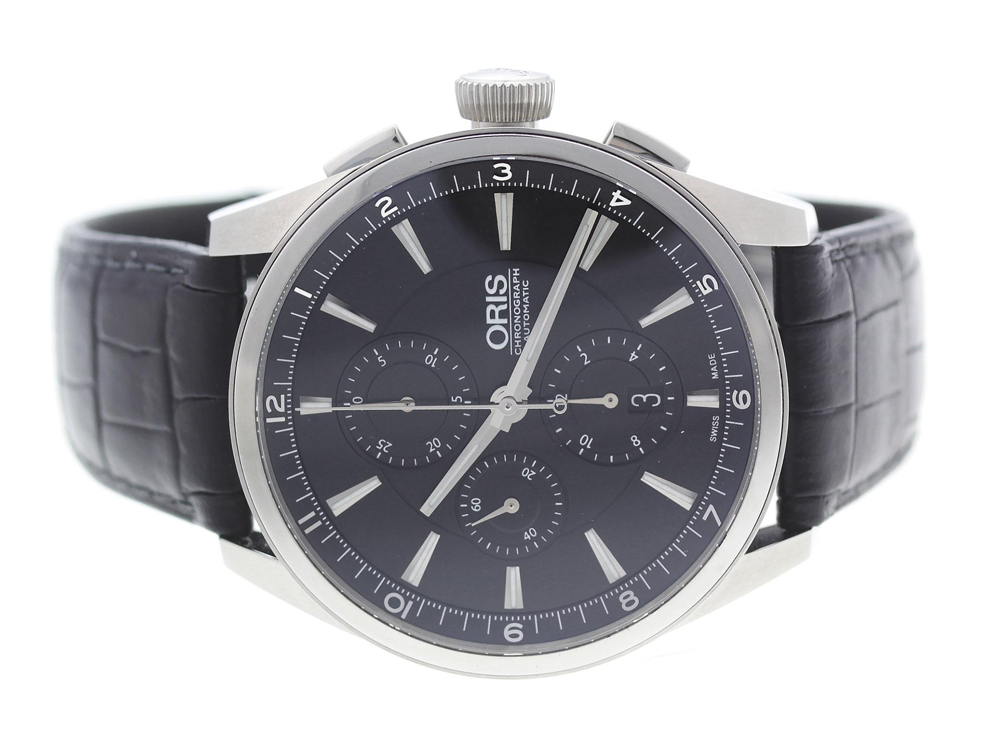 Stainless steel w/ black leather strap Oris Artix 01 674 7644 4054-07 5 22 81FC watch, water resistance to 100m, chronograph, with date.

Watch	
Brand:	Oris
Series:	Artix
Model #:	01 674 7644 4054-07 5 22 81FC
Gender:	Men’s
Condition:	Excellent