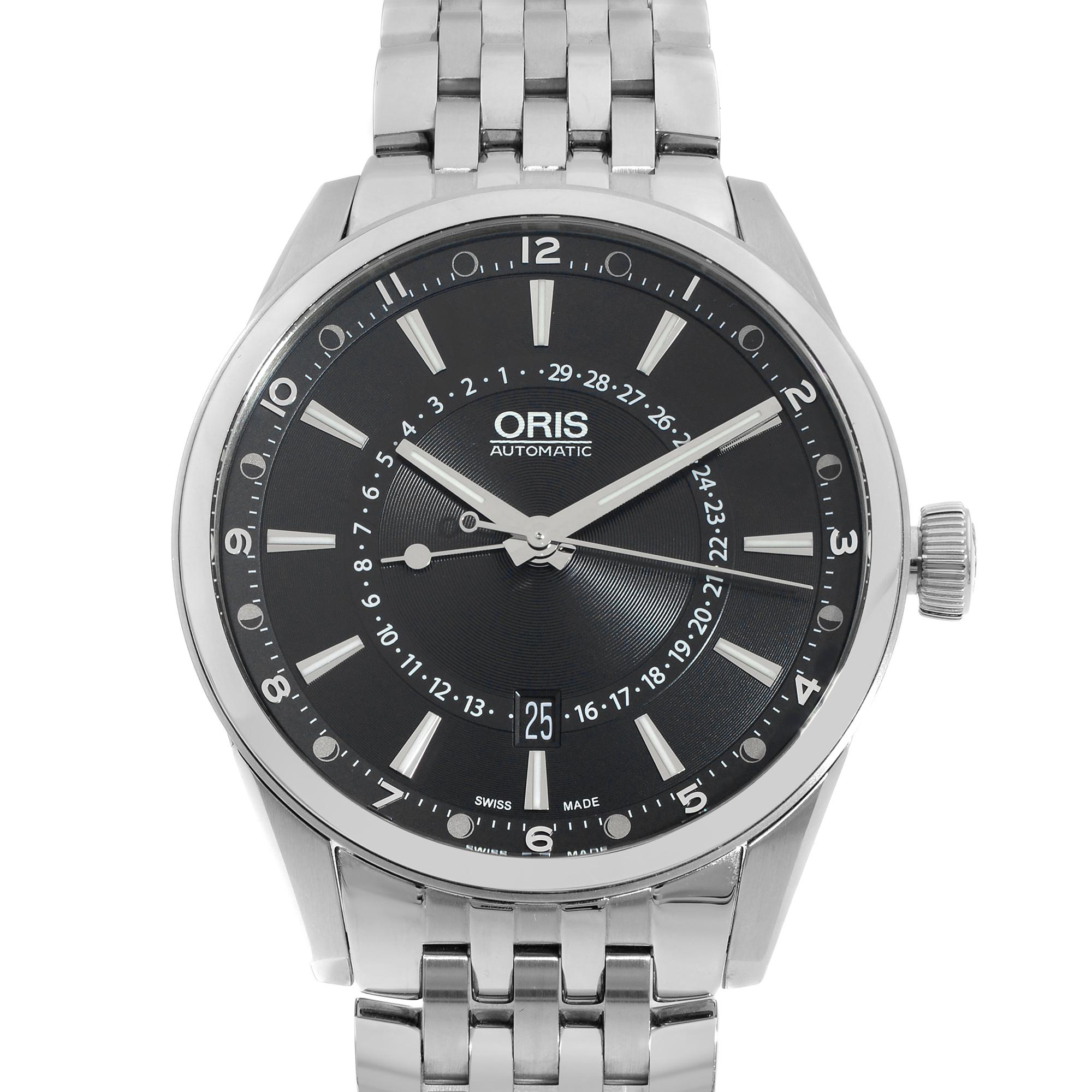 This display model Oris Artix 01 761 7691 4054-07 8 21 80 is a beautiful men's timepiece that is powered by mechanical (automatic) movement which is cased in a stainless steel case. It has a round shape face, date indicator, moon phase dial and has