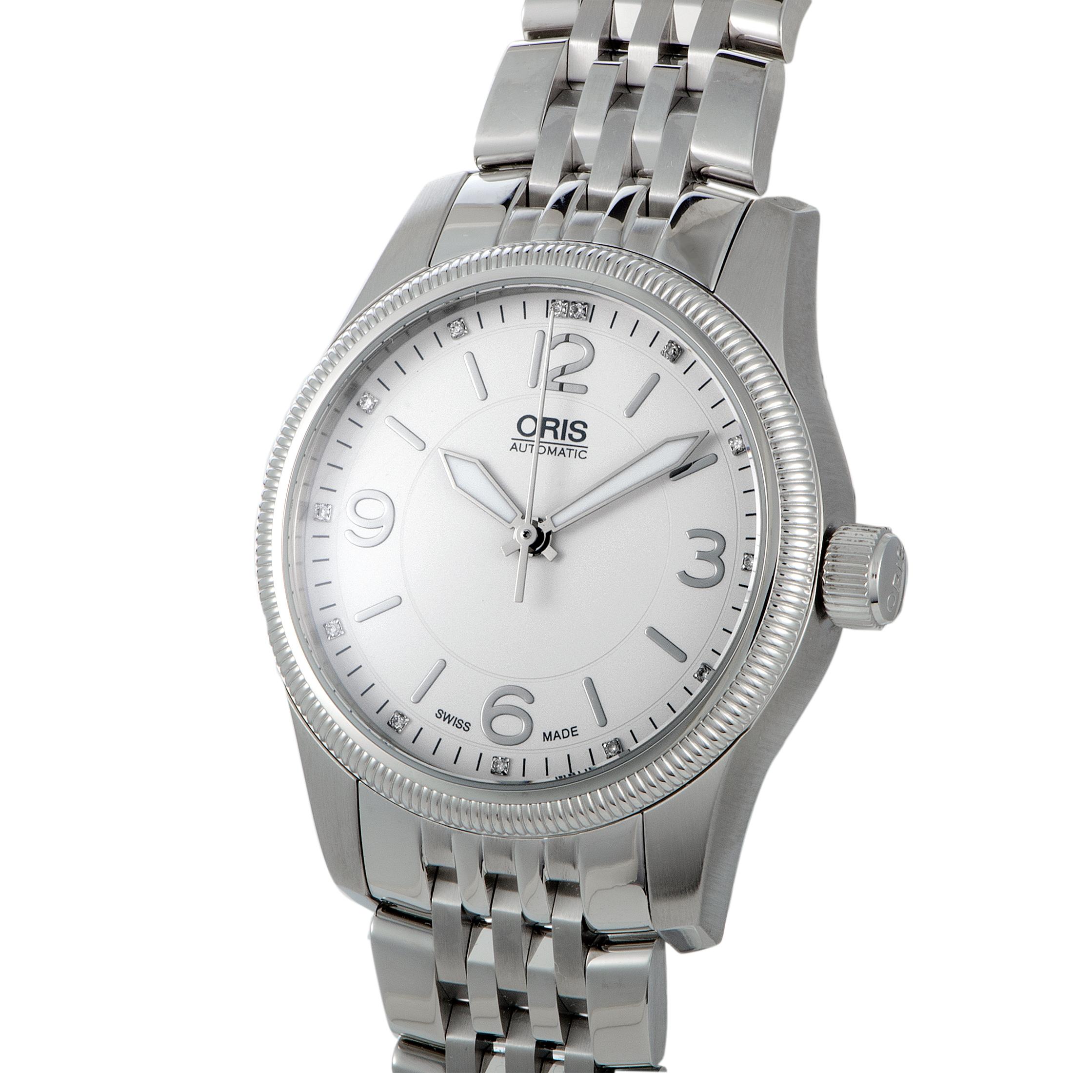 This is the Oris Big Crown, reference number 01 733 7649 4031-07 8 19 76.

It is presented with a stainless steel case that boasts see-through back and offers water resistance of 100 meters. The case is mounted onto a matching stainless steel