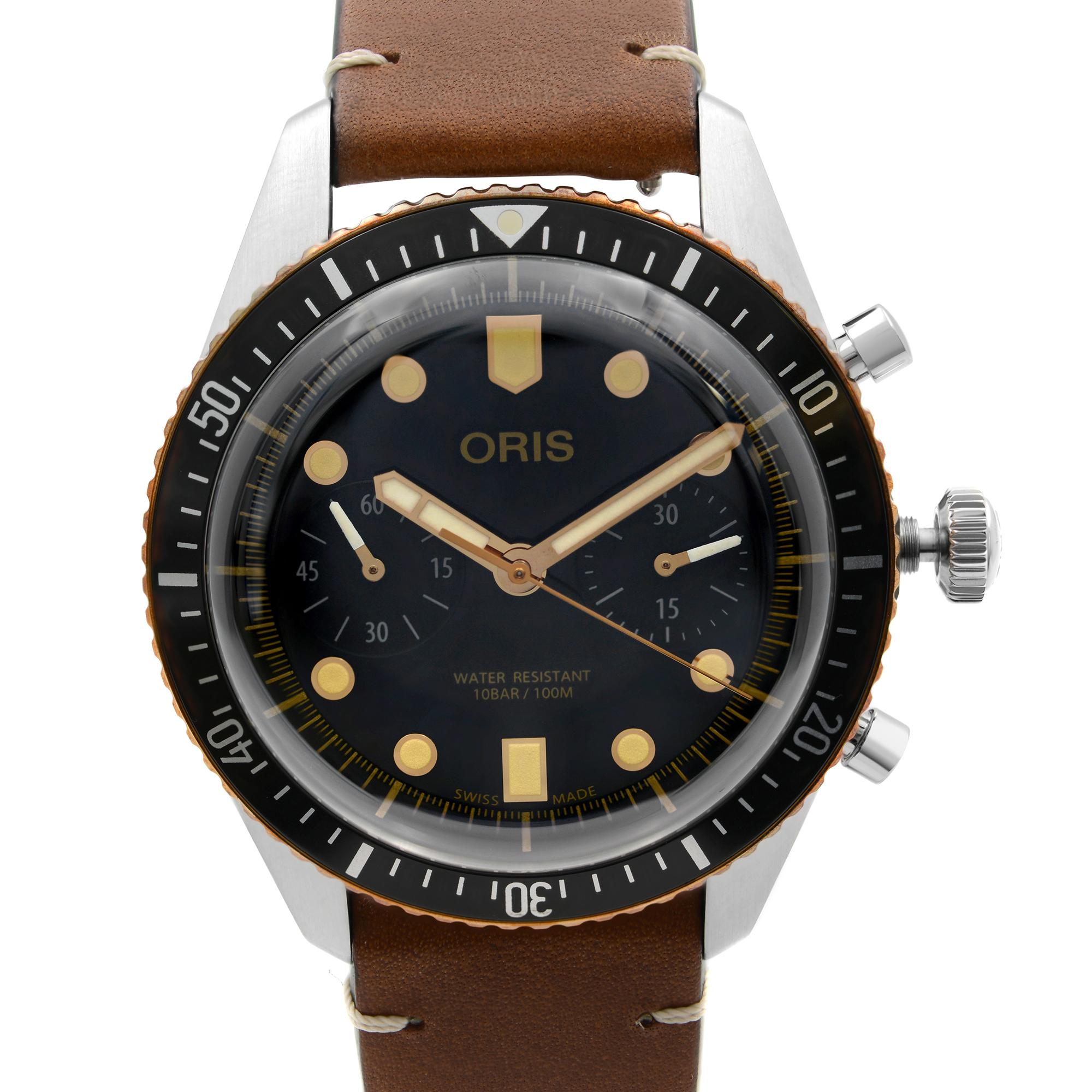 Display Model Oris Diver Sixty-Five Steel Bronze Chronograph Black Dial Watch 01 771 7744 4354-07 5 21 45. This Beautiful Timepiece is Powered by Mechanical (Automatic) Movement And Features: Round Stainless Steel Case with a Two Piece Brown Leather