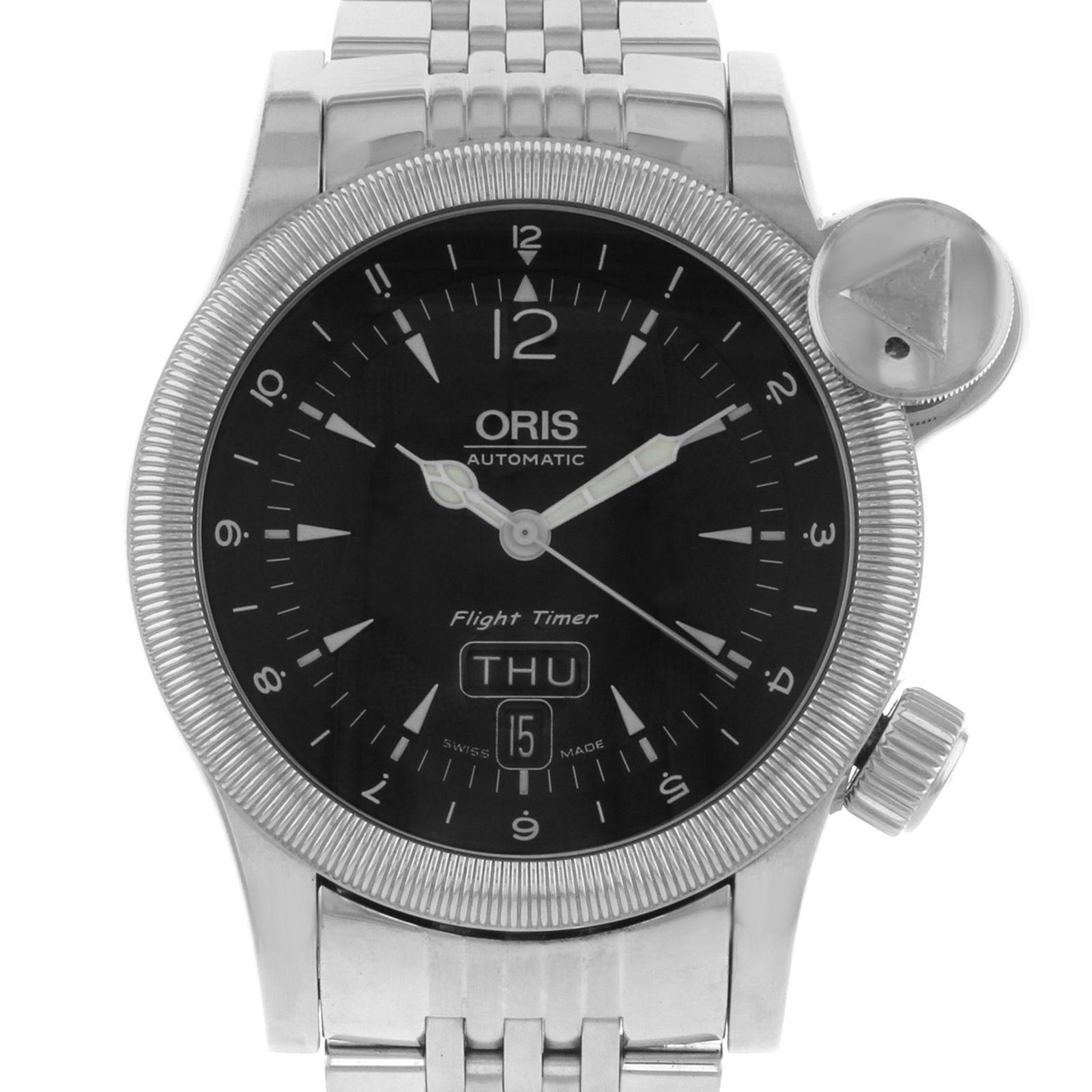 This pre-owned Oris Flight Timer 63575684064 is a beautiful men's timepiece that is powered by mechanical (automatic) movement which is cased in a stainless steel case. It has a round shape face, chronograph, day & date dial and has hand sticks