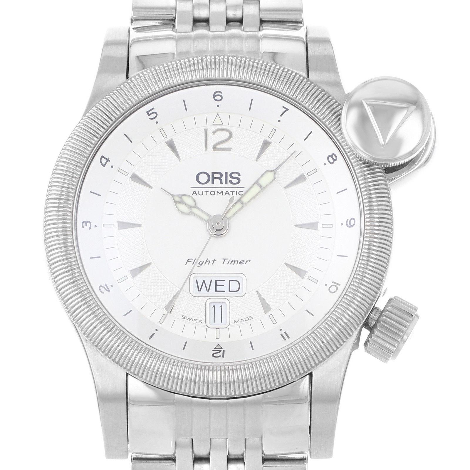 (17451)
This display model Oris Flight Timer 635 7568 40 61 MB is a beautiful men's timepiece that is powered by an automatic movement which is cased in a stainless steel case. It has a round shape face, day & date dial and has hand sticks style