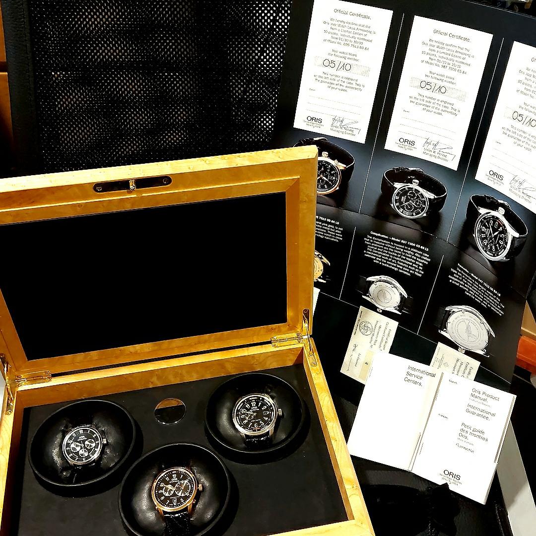 Oris, Louis Armstrong Limited Edition 3 Watches Set, only 10 pieces in the world!!! This Set is number 5/10

Comes with all certificates and special wooden box made for this special collectors watches.
All 3 watches are number 5 of 10 and are unworn