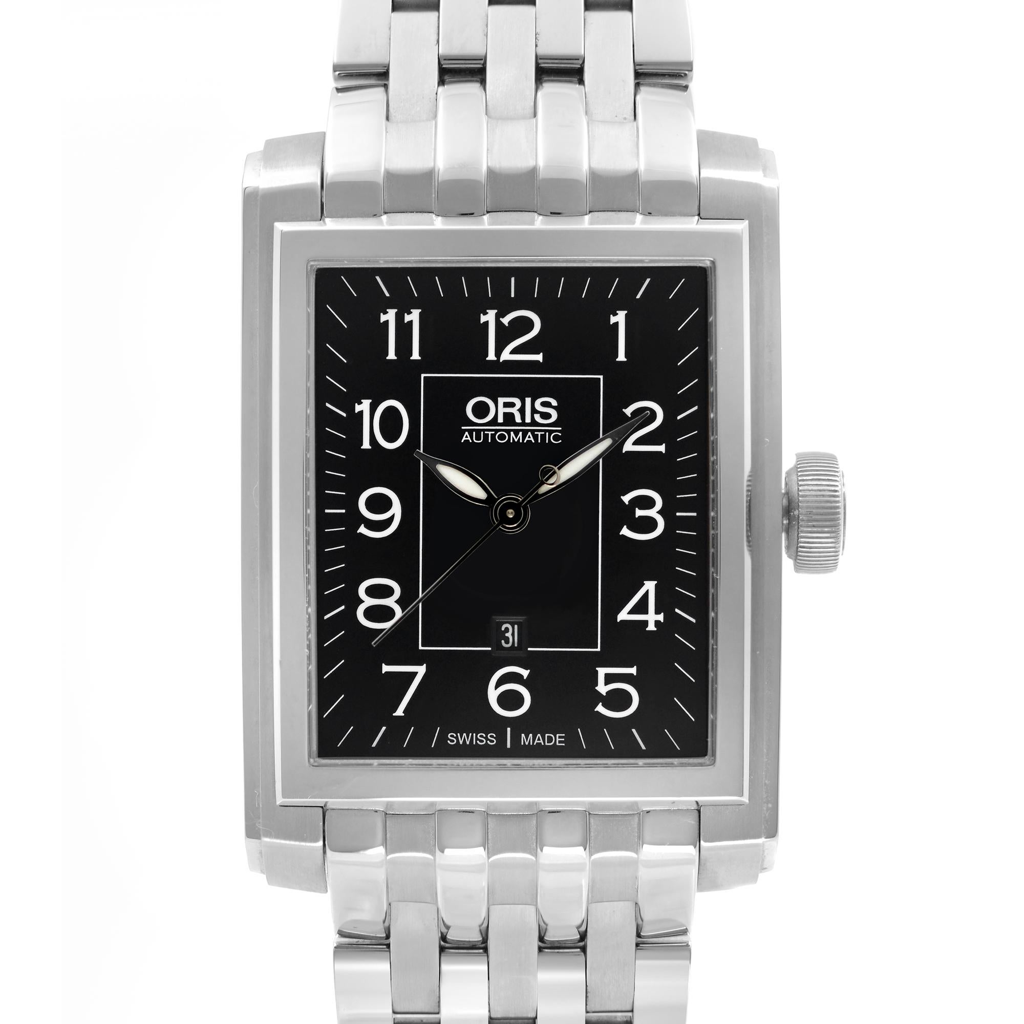 Store Display Model. Oris Rectangular Date Steel Black Dial Men's Watch 01 561 7657 4034-07 8 21 82. This Beautiful Timepiece Features Multi-piece stainless steel Case, Sapphire, Domed on Both Sides, an Anti-reflective coating inside, and a Black