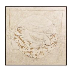 1970s White Toned Abstract Modern Nesting Doves Oil Painting