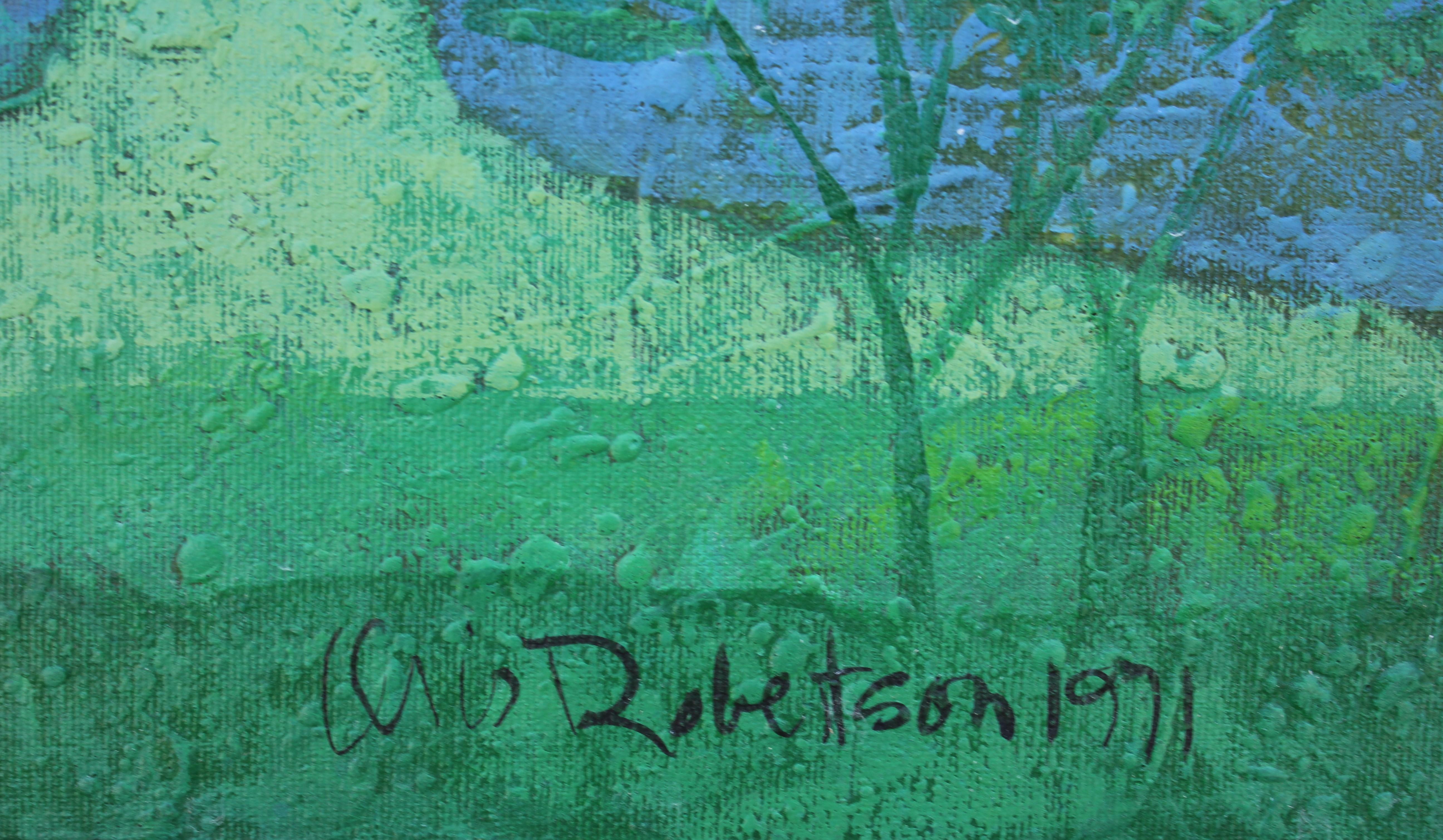 Blue, green, and purple tonal painting of a landscape in the style of David Adickes. Painting is signed and dated by the artist in the bottom right corner. 
Dimensions without frame: H 38 in x W 40 in x D .5 in 

Artist Biography: Oris Robertson was