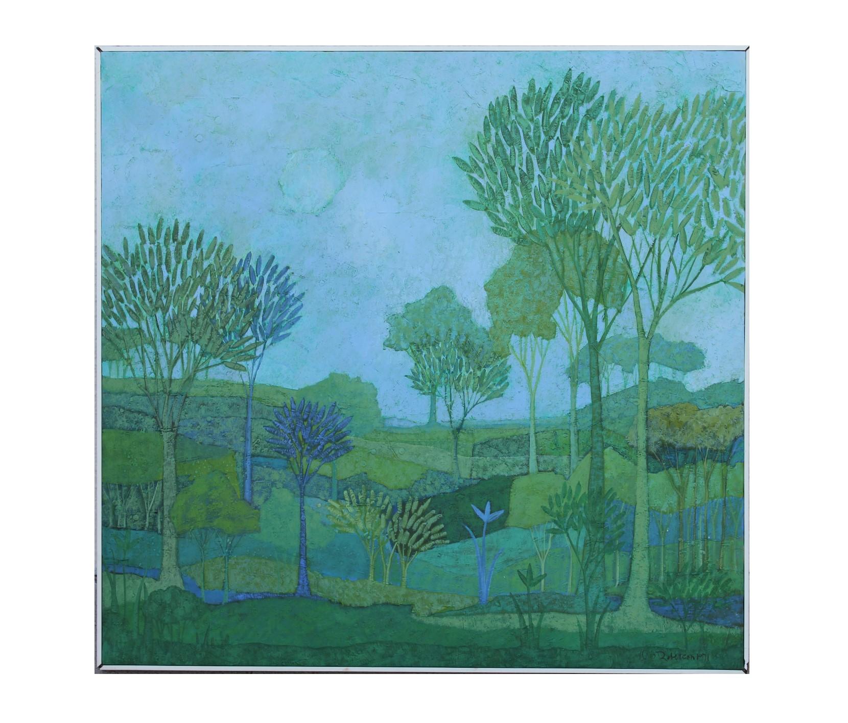 green and blue landscape painting